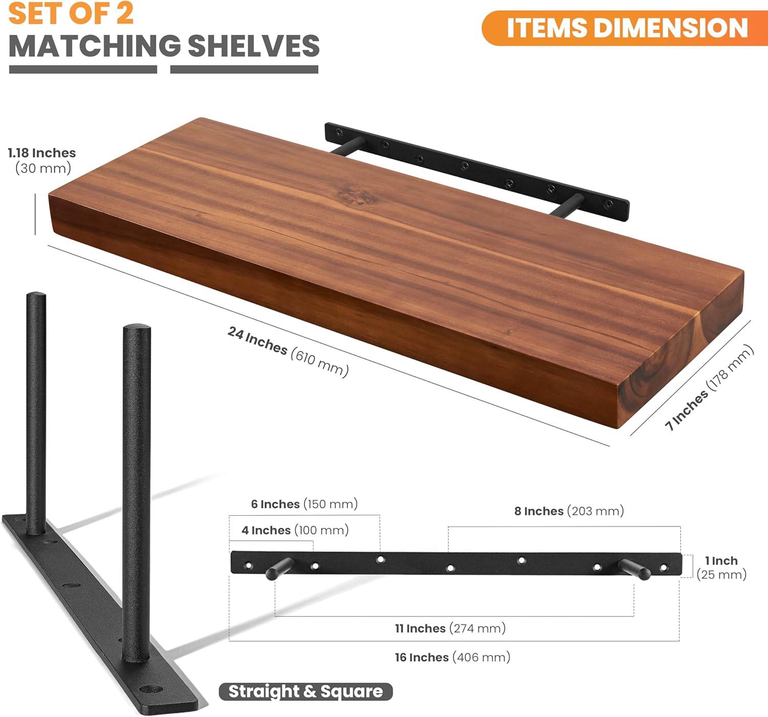 BATODA Set of 2 24" Acacia Wood Floating Shelves Wall Mounted – Rustic Farmhouse Wooden Wall Storage Shelf for Bedroom, Kitchen, Home Décor - Brackets and Shelving Hardware Included