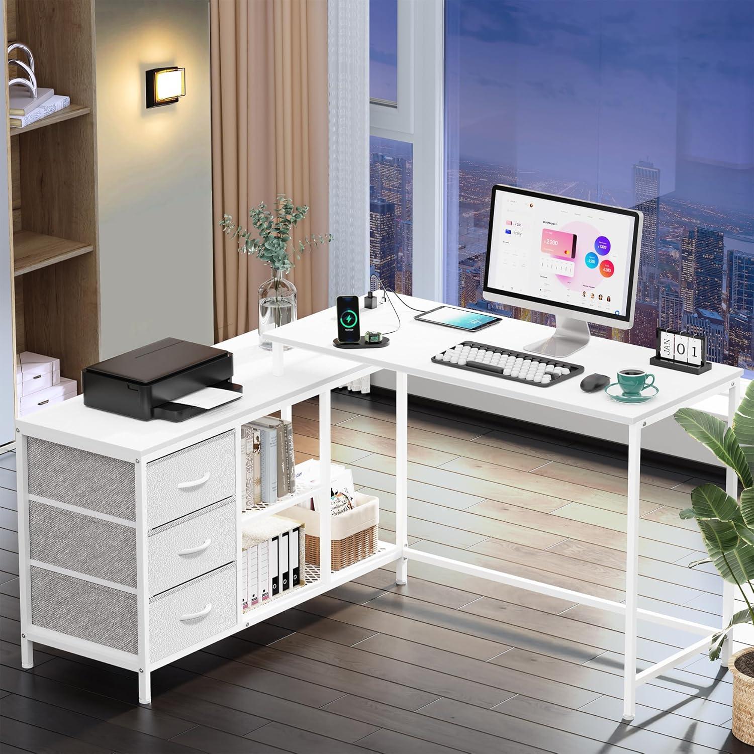 SUPERJARE L Shaped Desk with Power Outlets, Computer Desk with Drawers & Shelves, Corner Desk Gaming Desk Home Office Desk, White