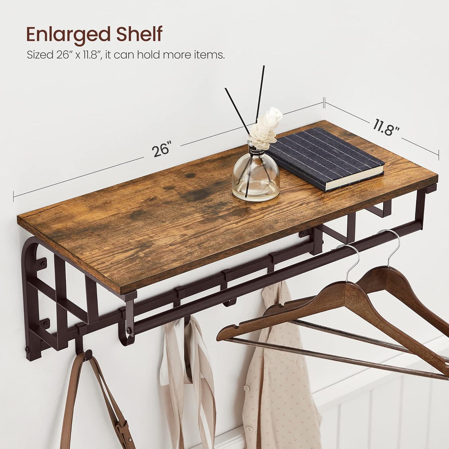 VASAGLE Wall-Mounted Coat Rack, Wall Hook Rack with Hanging Rod, Storage Shelf, Laundry Room Shelf with Hooks, for Entryway, Bathroom, Rustic Brown and Black ULCR12BX