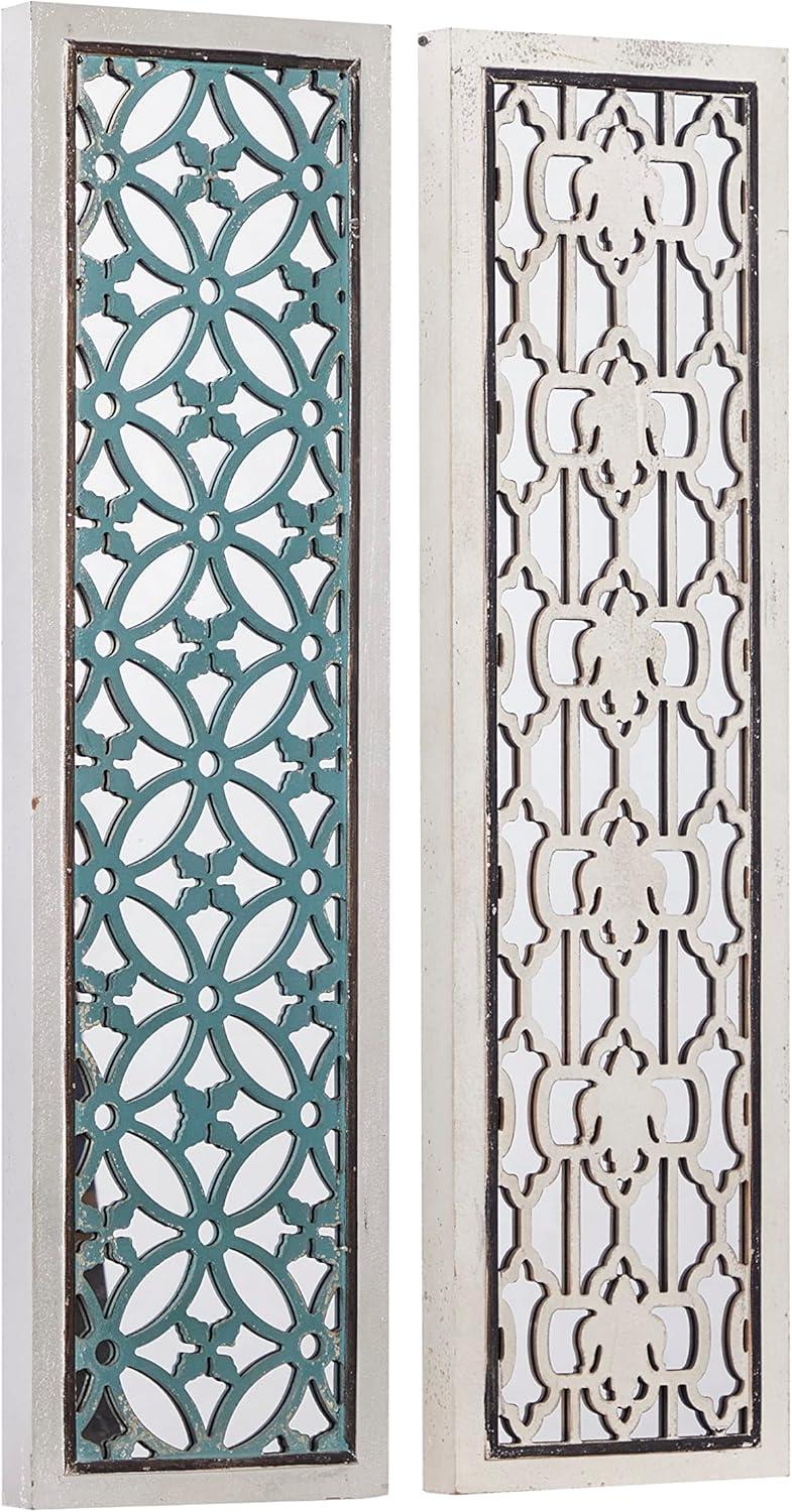 Gilcrease Wooden Intricately Carved Geometric White Wall Decor with Mirror Set