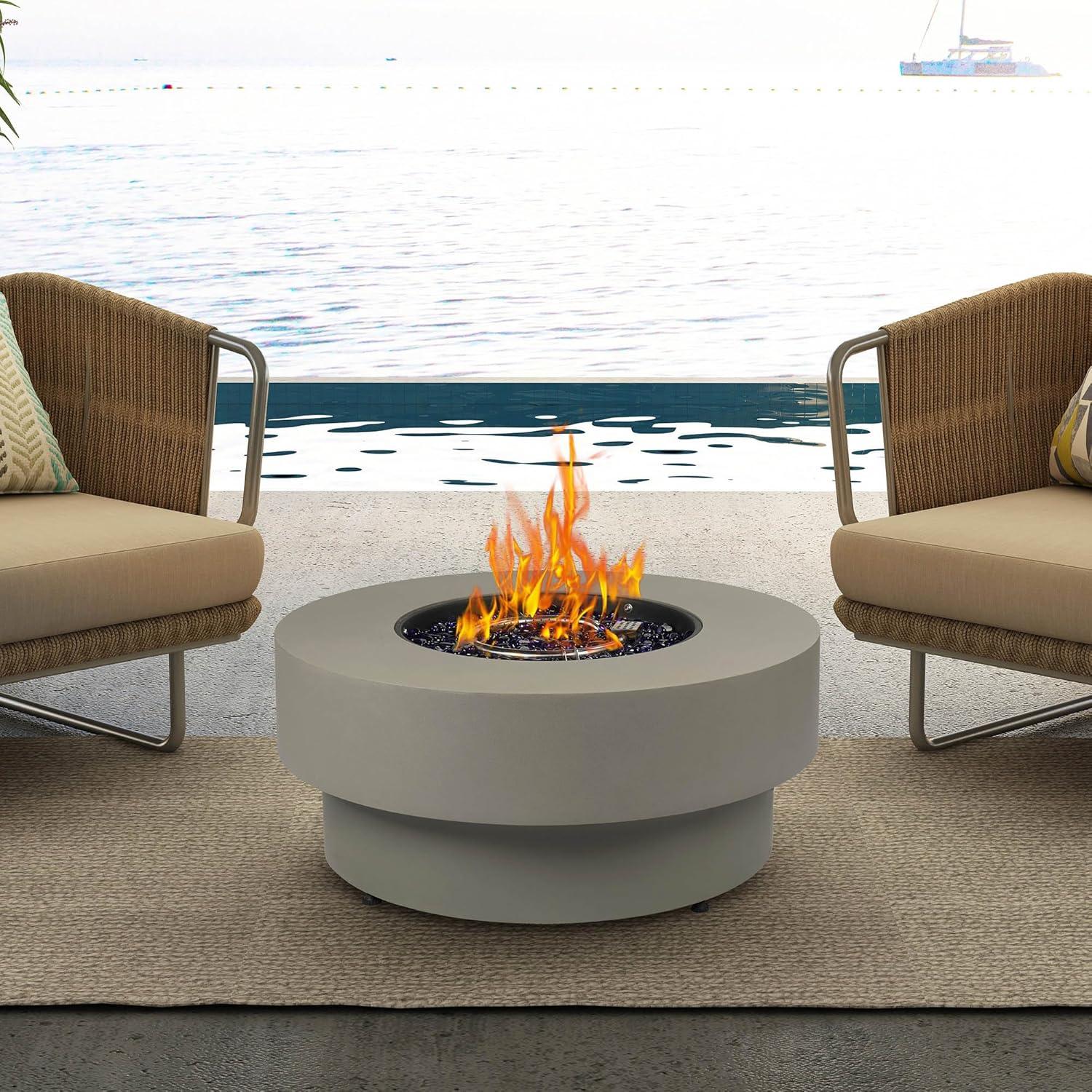 BAIDE HOME 32.5" Round Steel Low Profile Propane Fire Pit Table, 50,000 BTU Outdoor Gas Fire Pit with Lid, Glass Rocks, Cover, Pre-attached 10ft Propane Hose