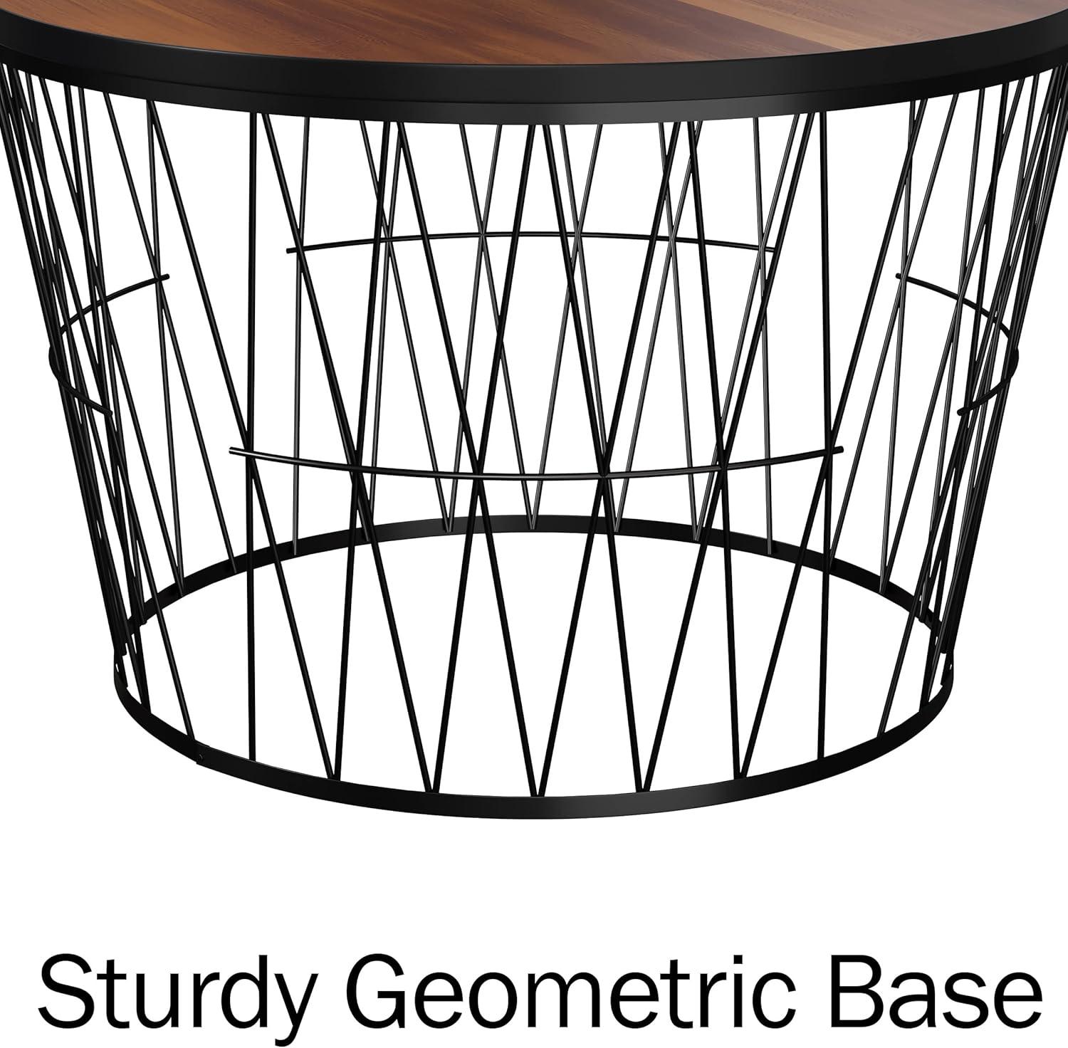 Round Coffee Table with Geometric Metal Base – Small Modern Accent Table for Living Room – Mid-Century Coffee Table by Lavish Home (Brown/Black)