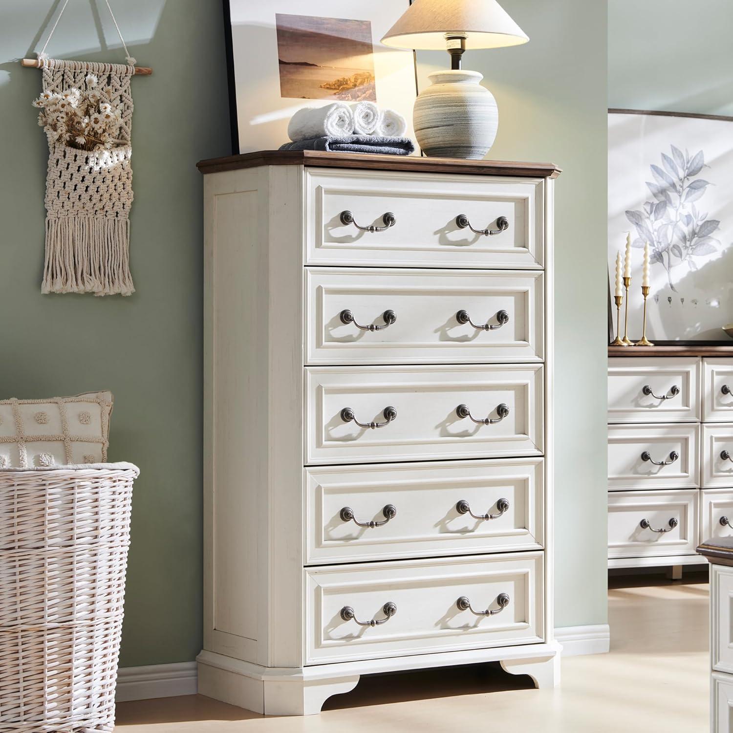 Laurel Foundry Modern Farmhouse® Theron Farmhouse 5 Drawer Bedroom Dresser, Wood Tall Chest of Drawers, Closet Storage for Bedroom