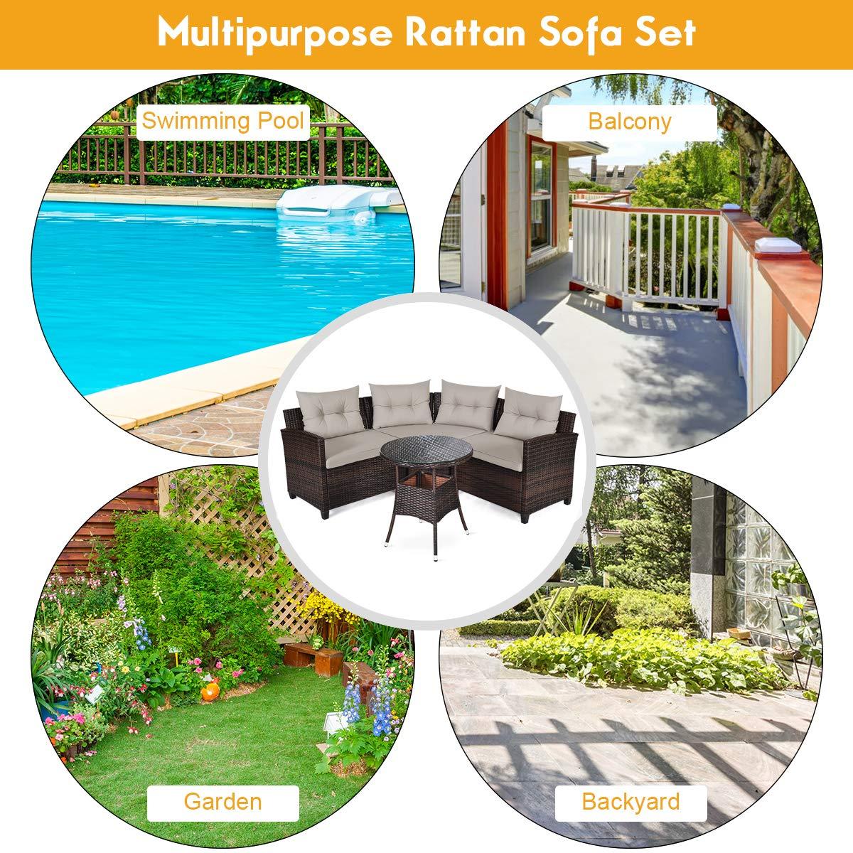 Patiojoy 4PCS Outdoor Patio Conversation Set Wicker Rattan Sectional Sofa