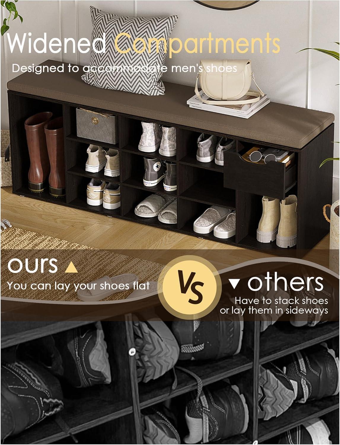Shoe Rack Bench with Cushion 15-Cube Storage Bench Storage Cabinet for Entryway Espresso