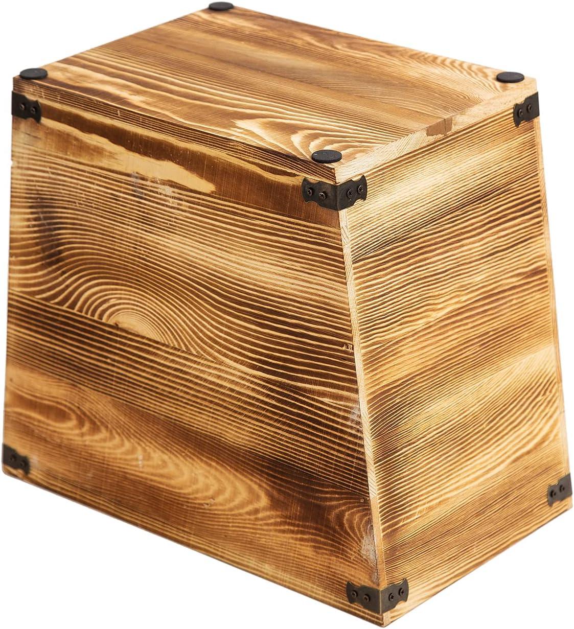 Brown Torched Wood Square Trash Can with Metal Brackets