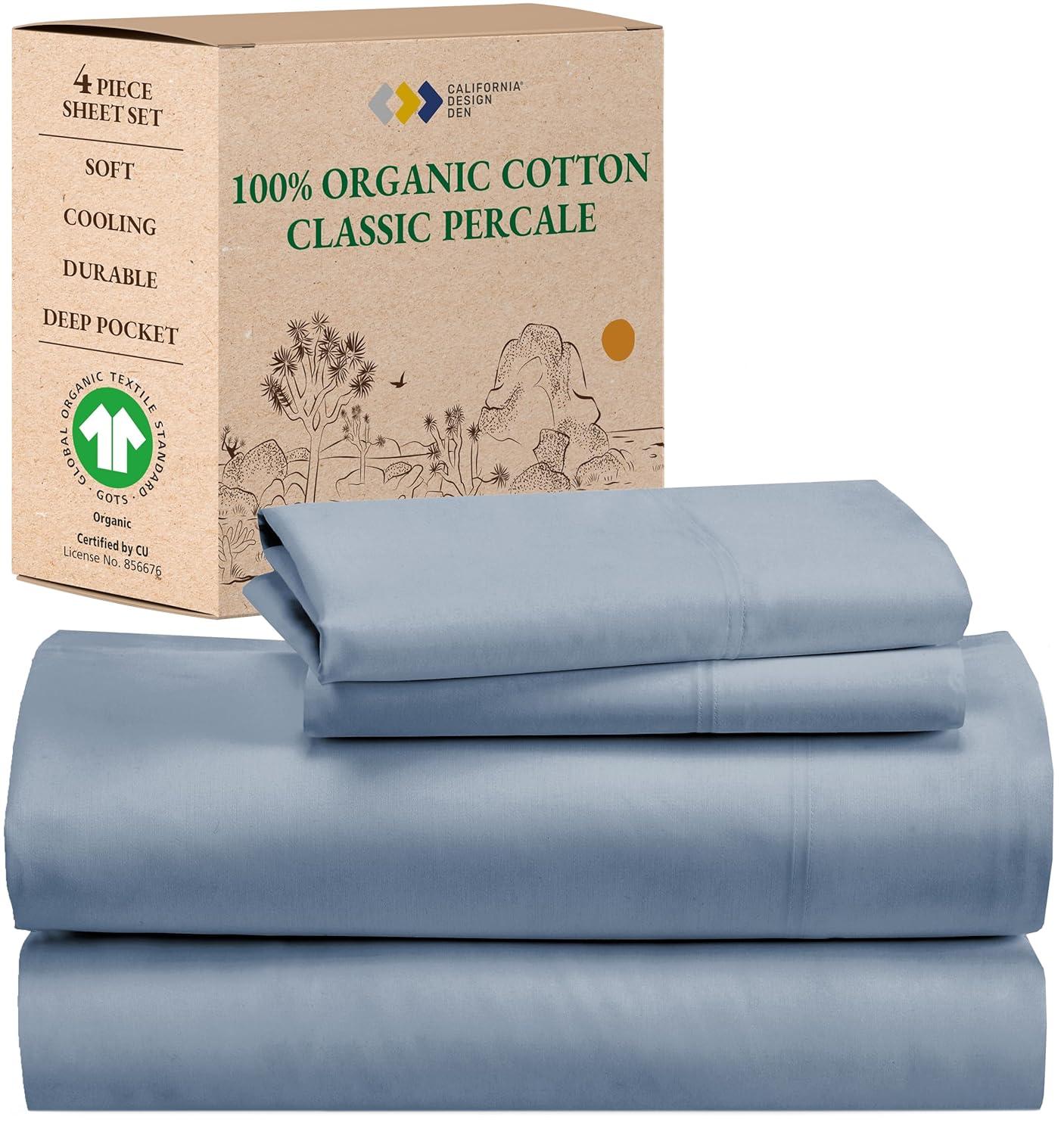 Queen Sheets Set, 100% Organic Cotton Percale, Blue Hydrangea Bed Sheets by California Design Den