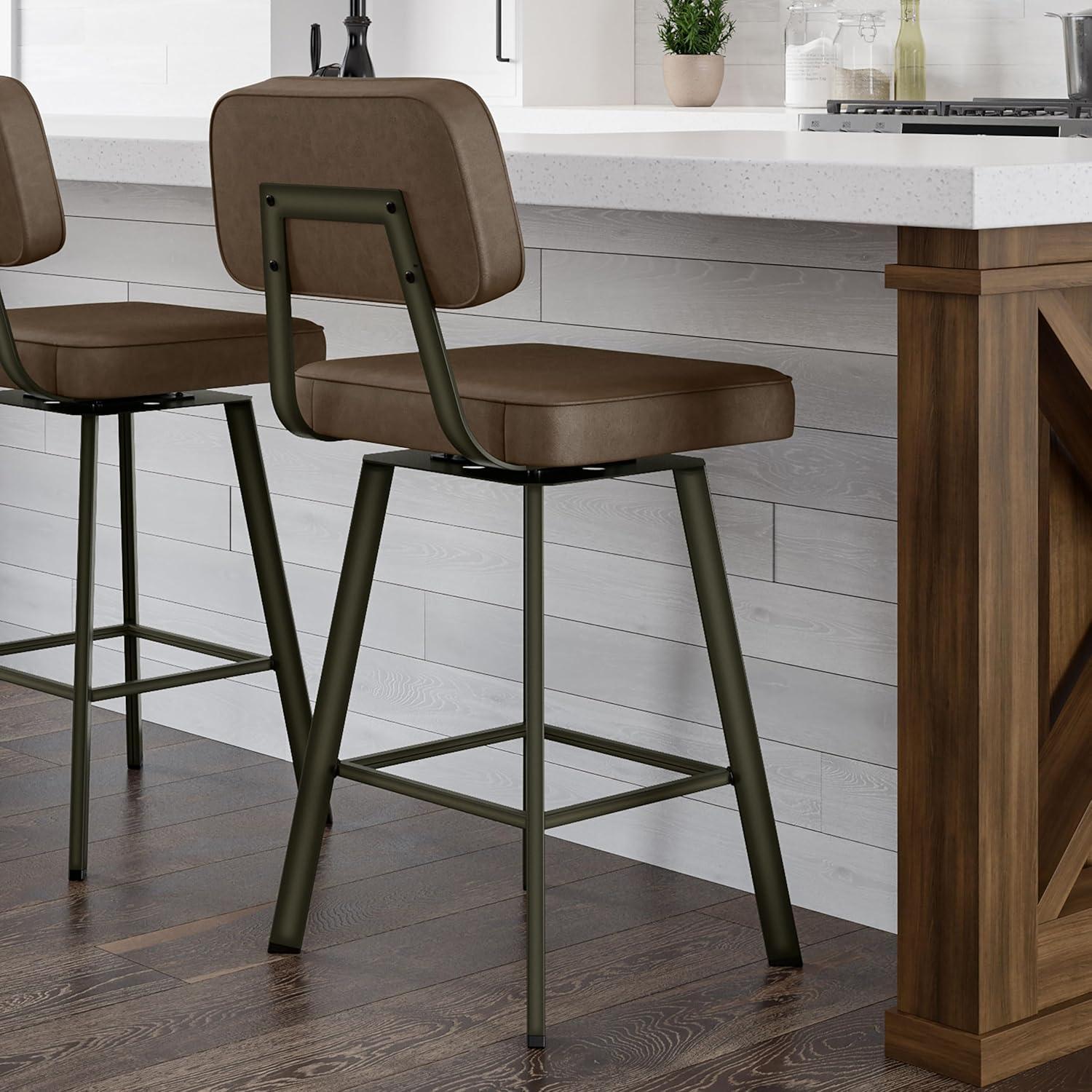 Amisco Clarkson 30 in. Swivel Bar Stool - Brown Faux Leather/Dark Brown Semi-Transparent Metal