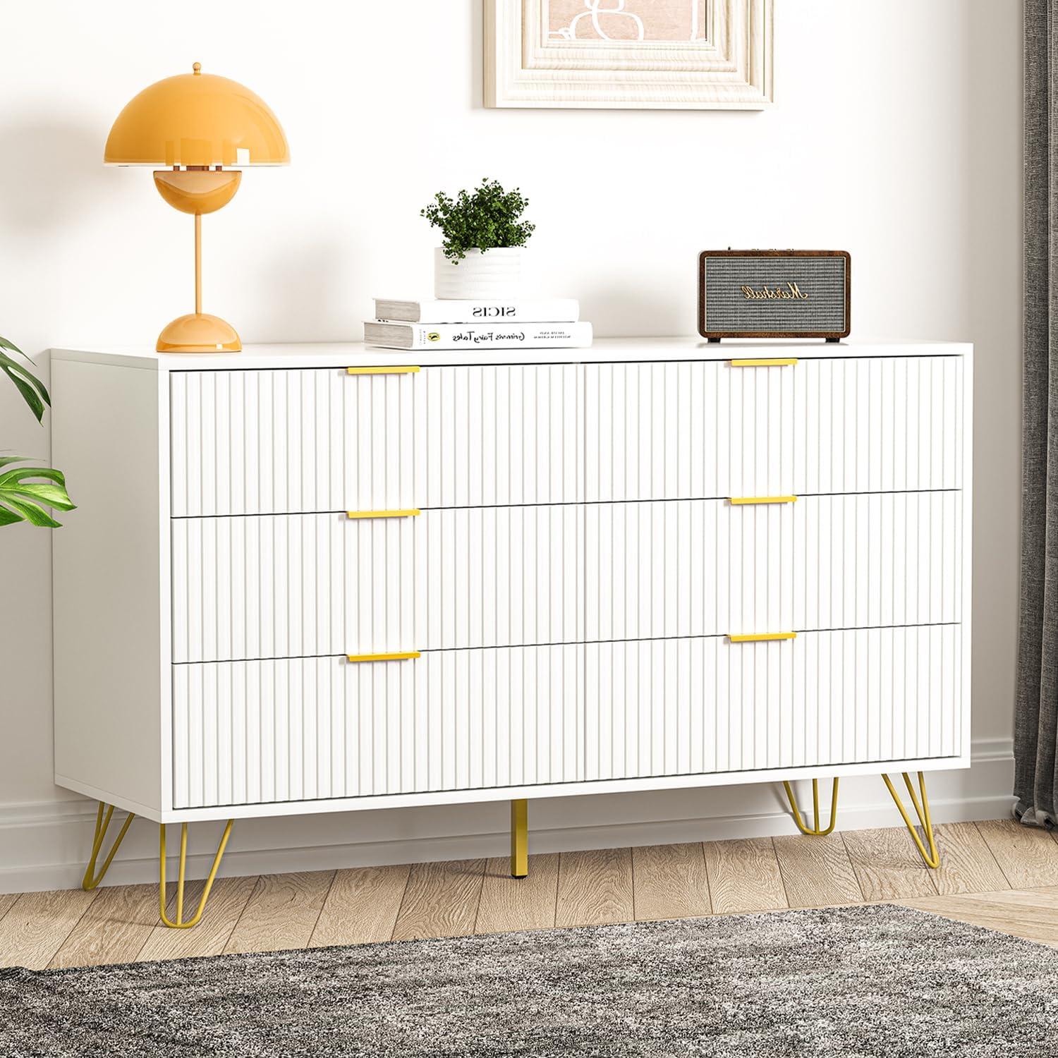 White Fluted 6-Drawer Dresser with Gold Handles