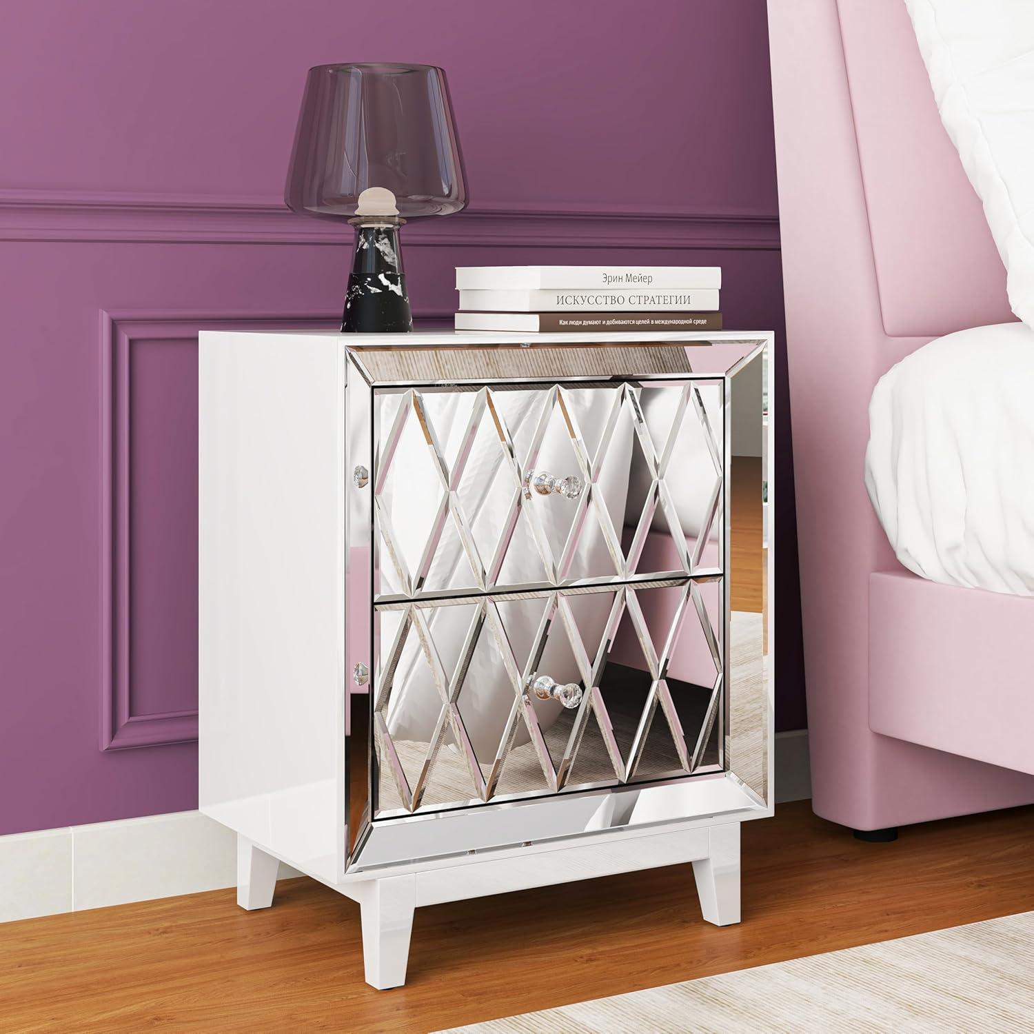 Silver Mirrored 2-Drawer Nightstand with Crystal Handles