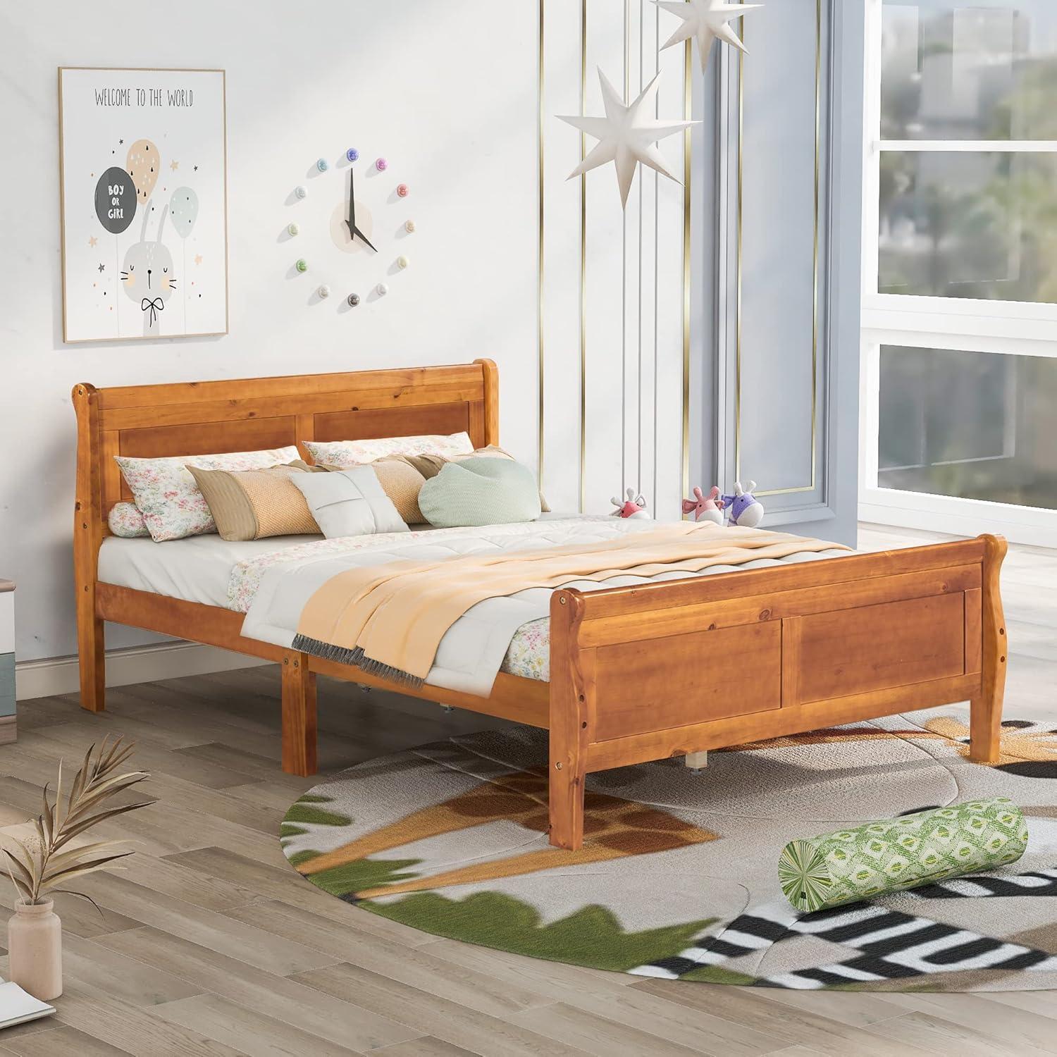 Full Size Pine Wood Platform Bed with Headboard and Slats