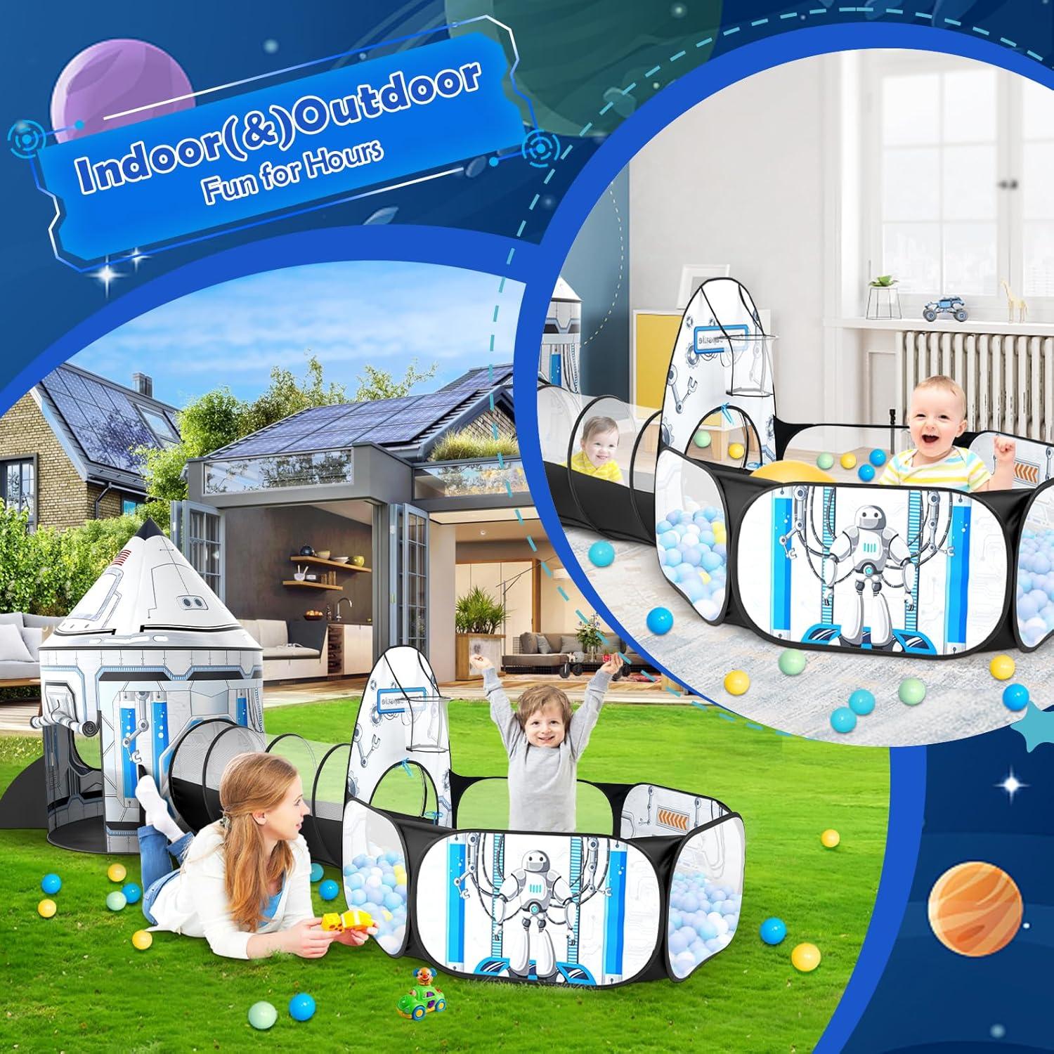 Rocket Ship Kids Play Tent: 3Pcs Toddlers Pop Up Ball Pit and Play Tunnel for Indoor Outdoor, Spaceship Baby Playhouse Toys for 1-3 Year Old Boys Girls (3 in 1 Kids Tent)