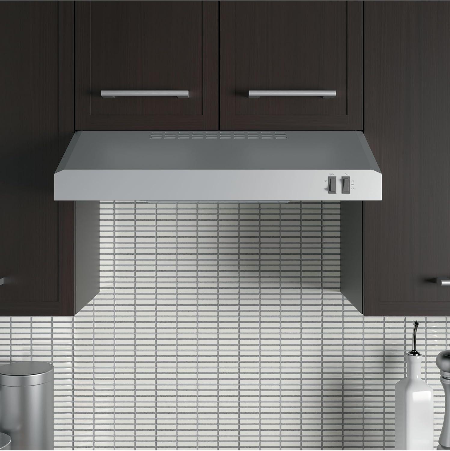 GE 24in. Under Cabinet Range Hood, convertible Duct, 2 Speed Exhaust Fan, Front Control and Reusable Filter, Stainless Steel