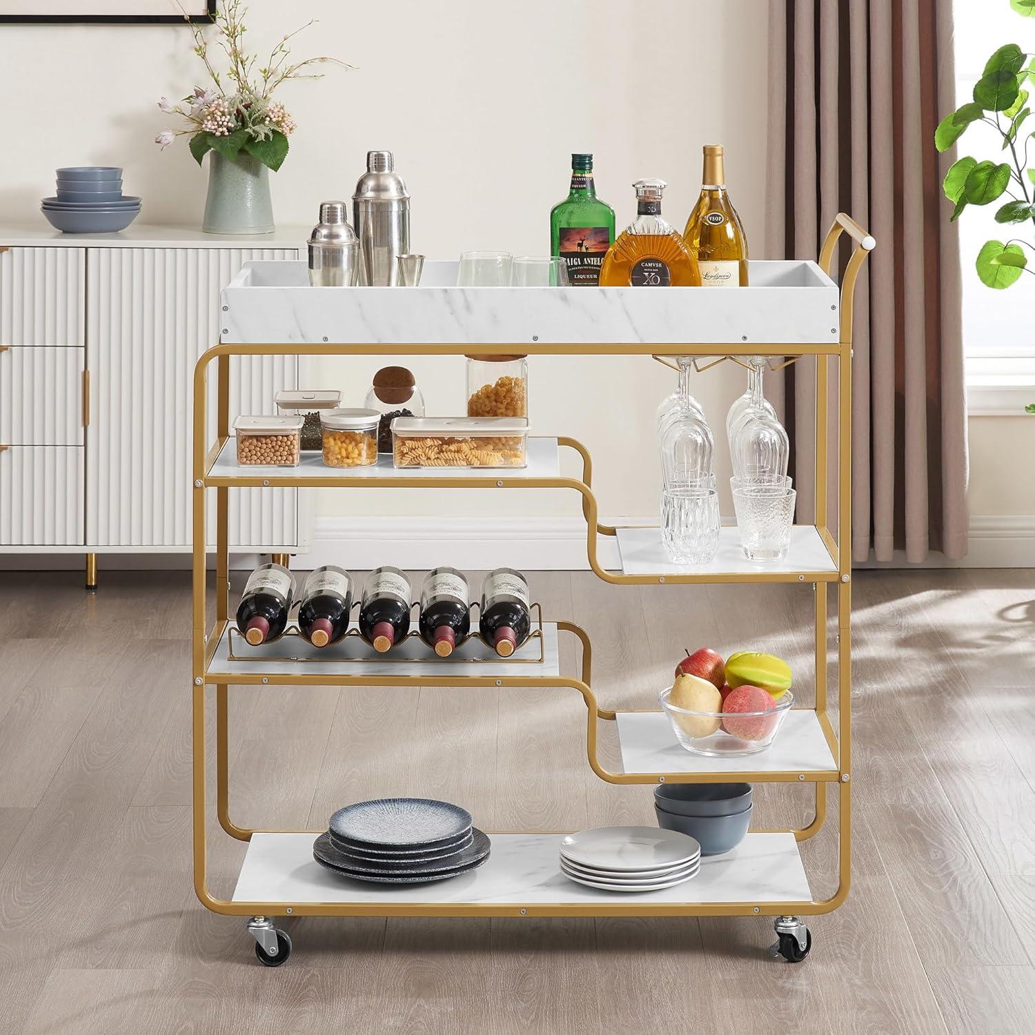 Gold and White 6-Tier Bar Cart with Wine Rack and Glass Holder