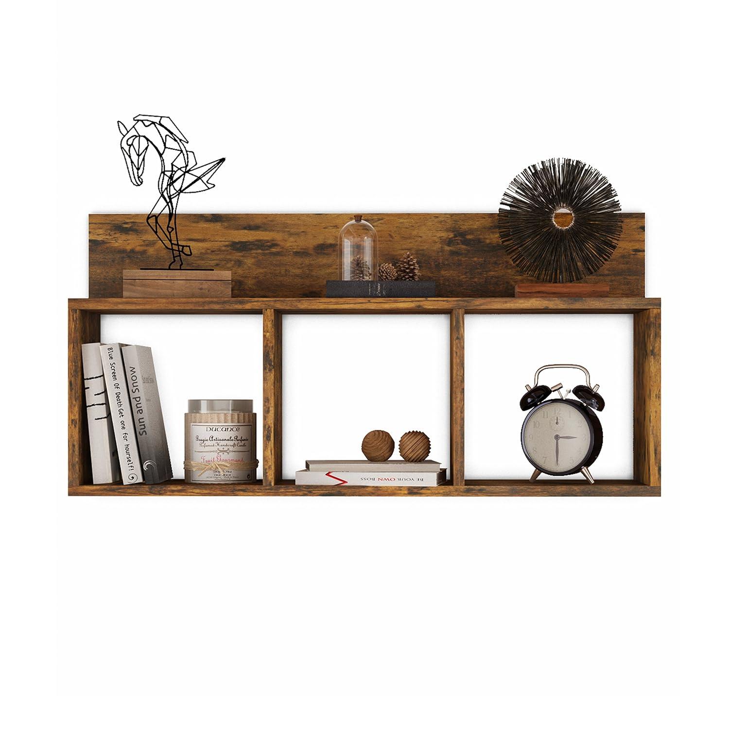 Danya B. 31.5" x 15.7" Rustic Floating Triple Cubby Shelf Aged Wood - Wall Mount, Display Ledge, MDF