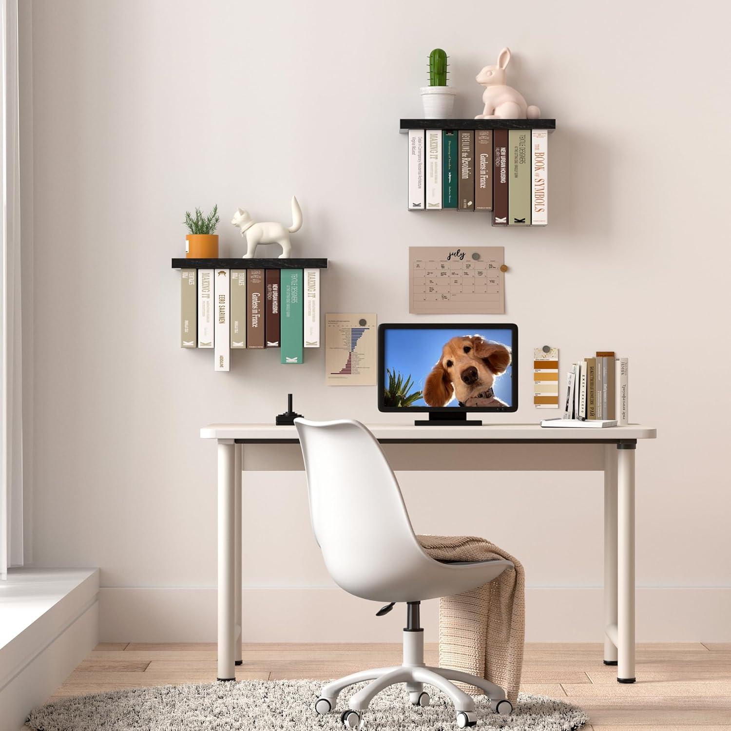 Floating Book Shelves for Wall Mounted Set of 2, Wood Hanging Bookshelf, Book Display Shelf for Wall, Unique Space Saving Book Shelf Wall Book Holder(Black)