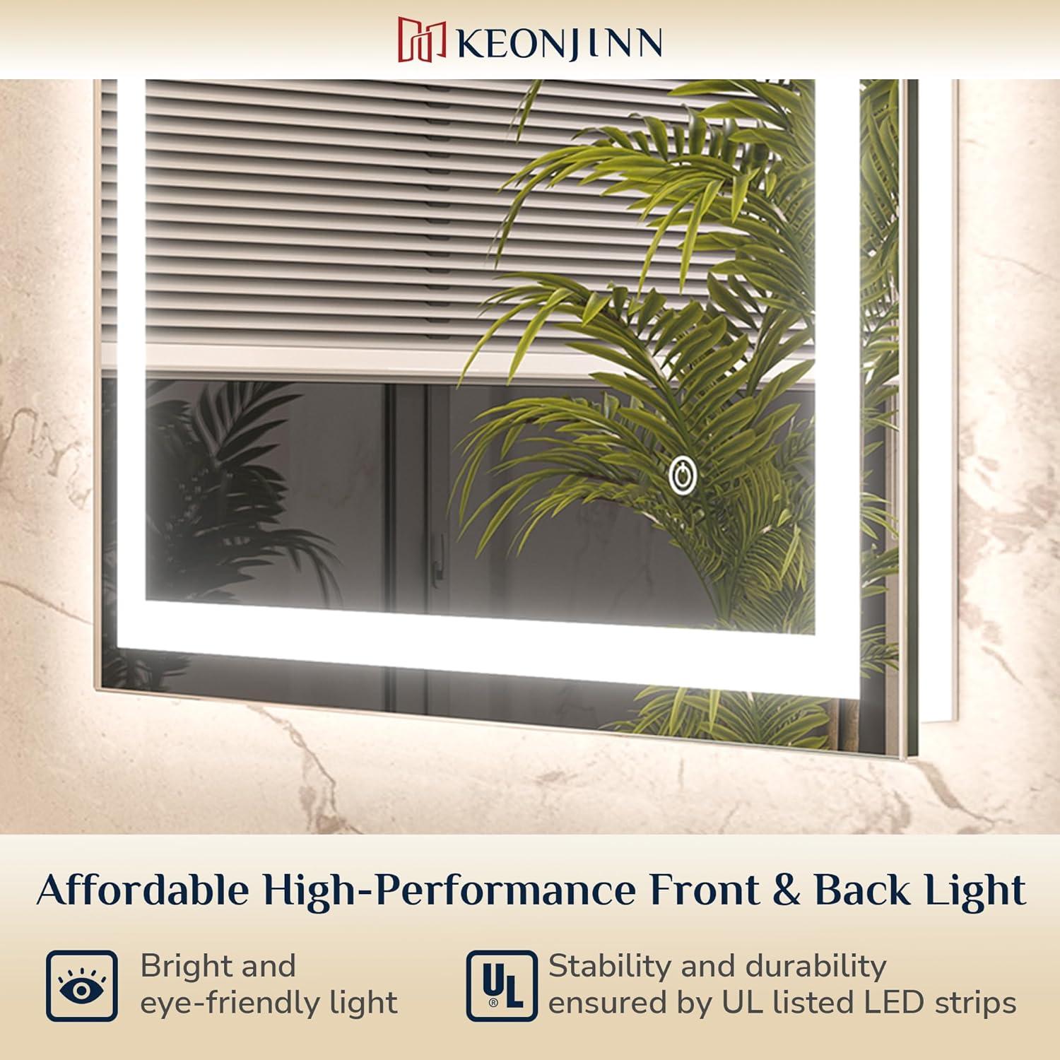 Keonjinn LED Bathroom Mirror 60 ” x 36 ” with Frontlit & Backlit, Lighted Mirror with Stepless Dimmable 3-Color Lights, Bathroom Vanity Mirror with HD Tempered Glass, UL-Listed LED Driver, CRI90+