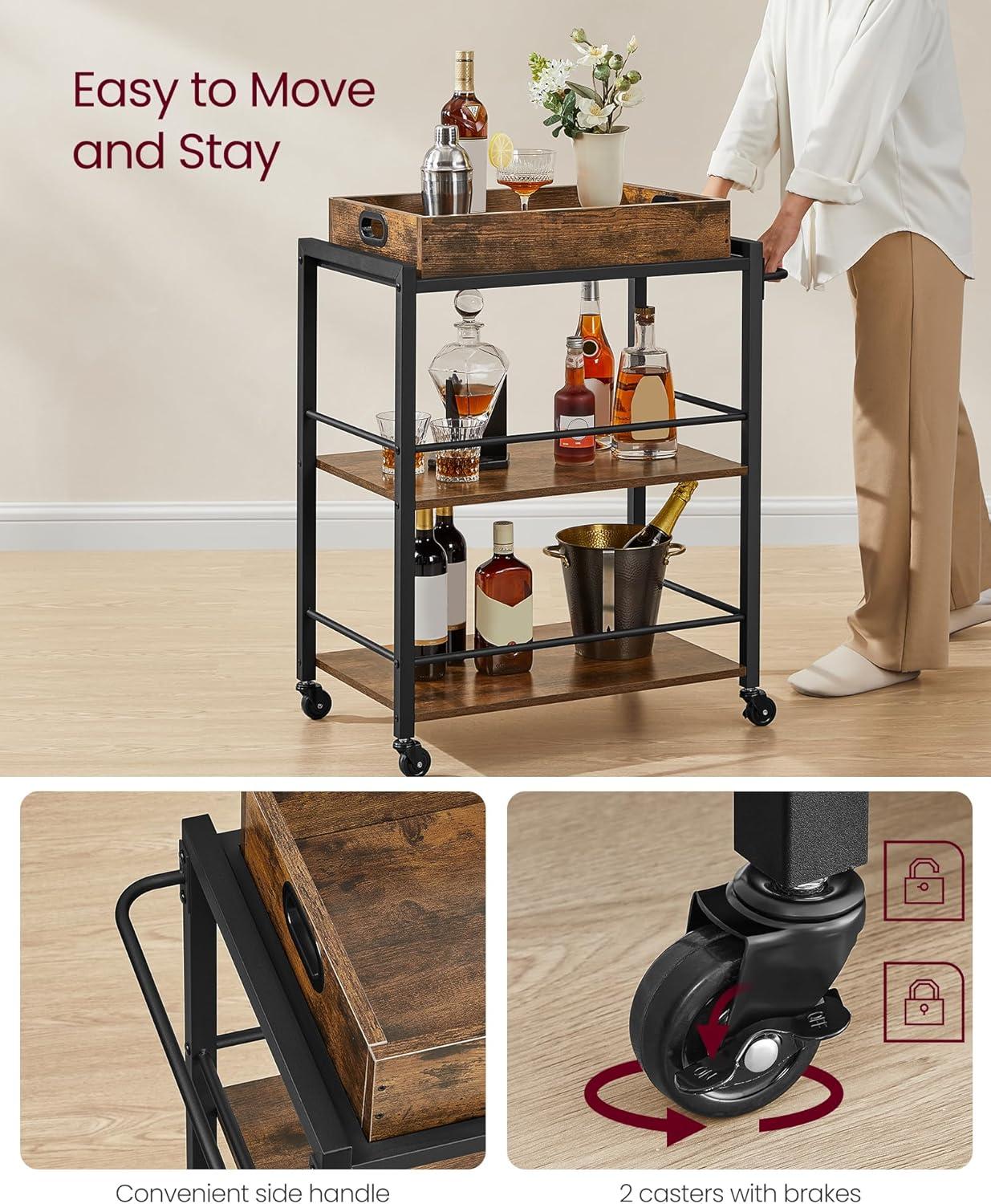 VASAGLE Industrial Bar Cart, Kitchen Serving Cart, 3-Tier Beverage Cart, Rustic Brown and Black