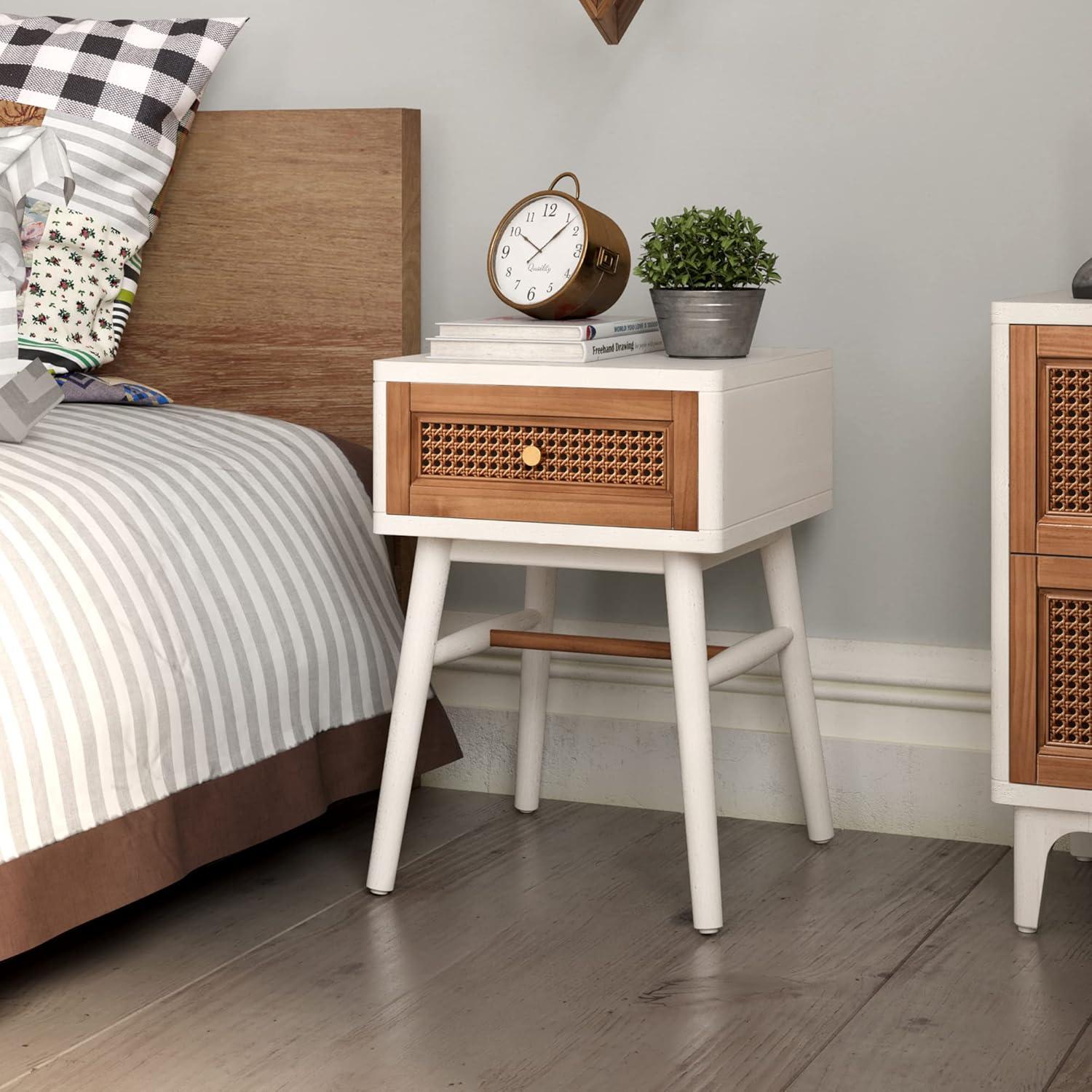 Coastal Chic Distressed White Woven Cane Nightstand with Brass Knobs