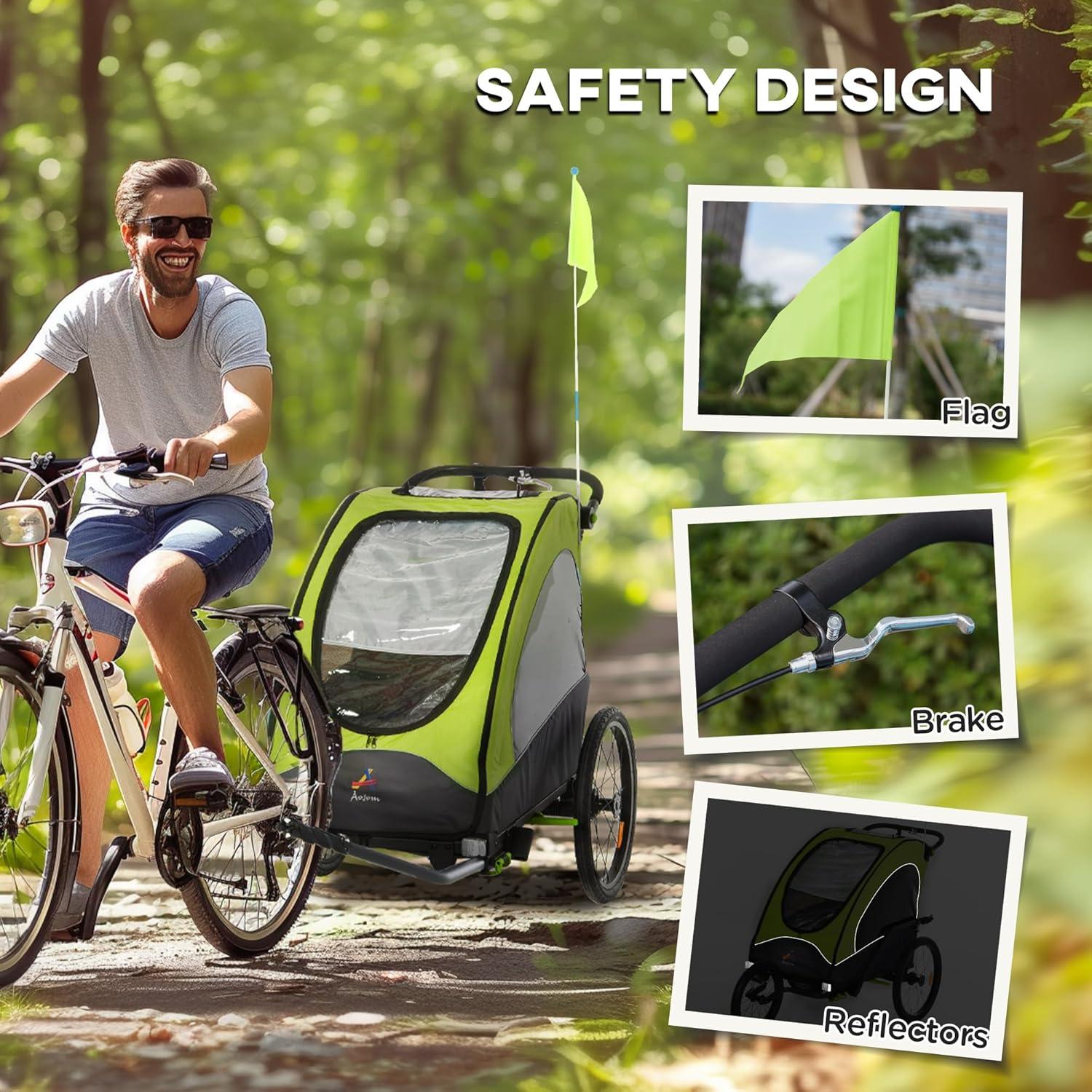 Aosom Bike Trailer for Kids 3 In1 Foldable Child Jogger Stroller Baby Stroller Transport Carrier with Shock Absorber System Rubber Tires Adjustable Handlebar Kid Bicycle Trailer Green and Gray