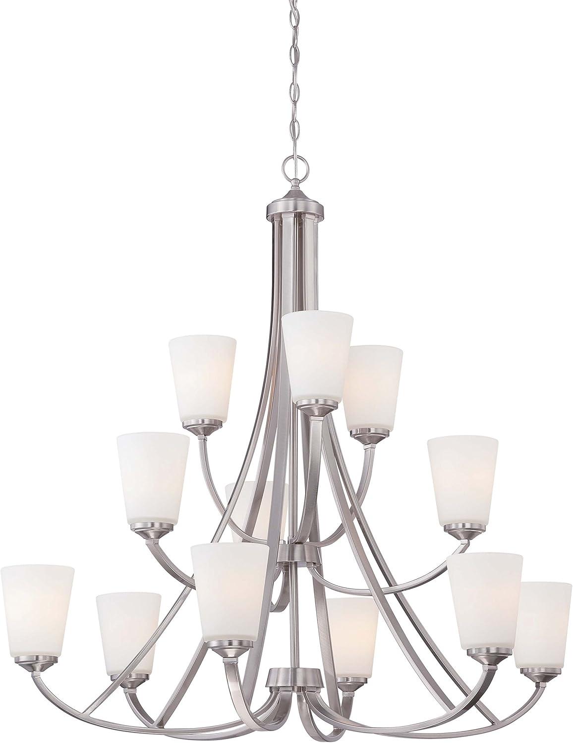 Contemporary Elegance Brushed Nickel 12-Light Chandelier with Etched White Glass