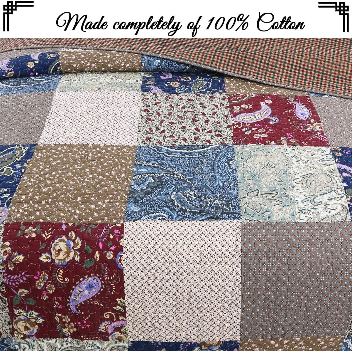 King Size Red and Navy Cotton Reversible Patchwork Quilt Set