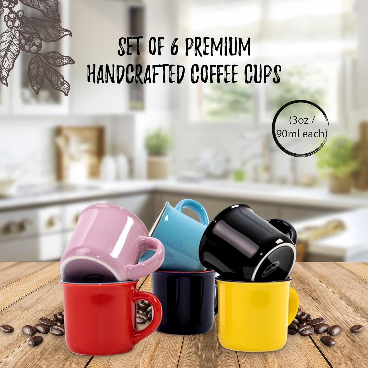 Bacimi Ceramic Espresso Demitasse Mini Mugs W/Handles 3oz, 6 Pack Multicolor