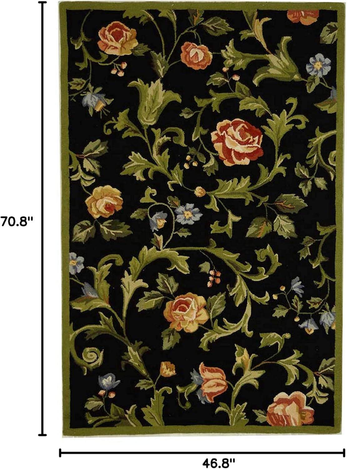 Black Floral Hand-Knotted Wool Area Rug, 3'9" x 5'9"