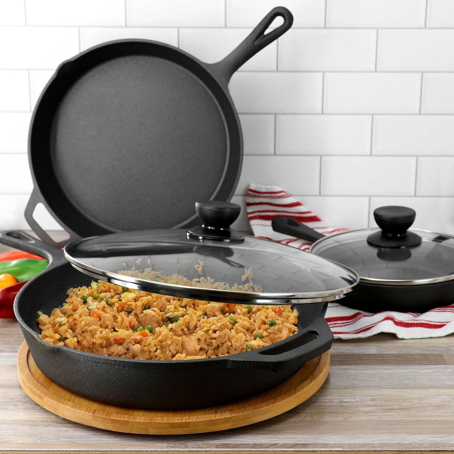 MegaChef 14 Piece Cast Iron Skillet Set with Tempered Glass Lids & Silicone Holders