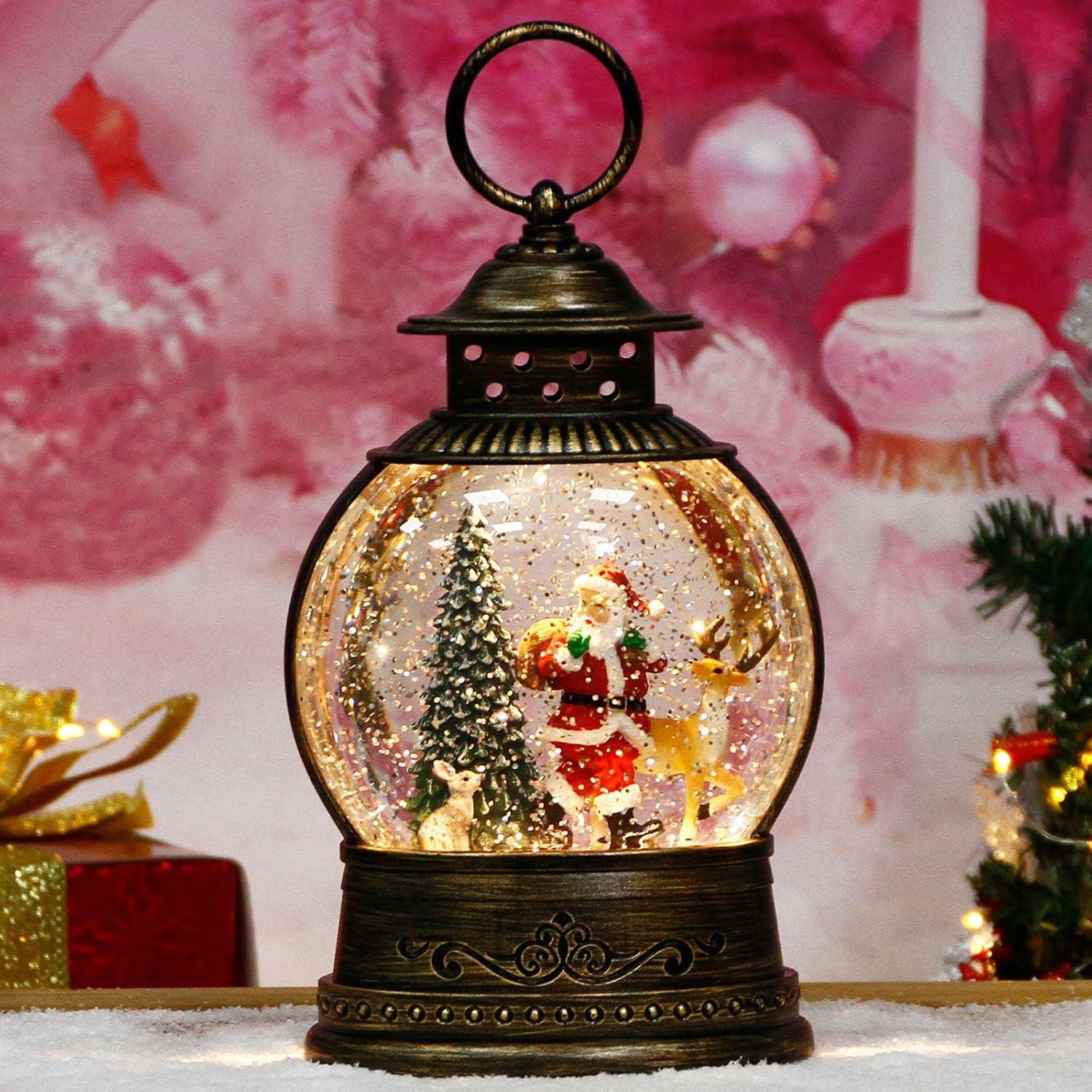 Vintage Brass Musical Santa Christmas Snow Globe Lantern