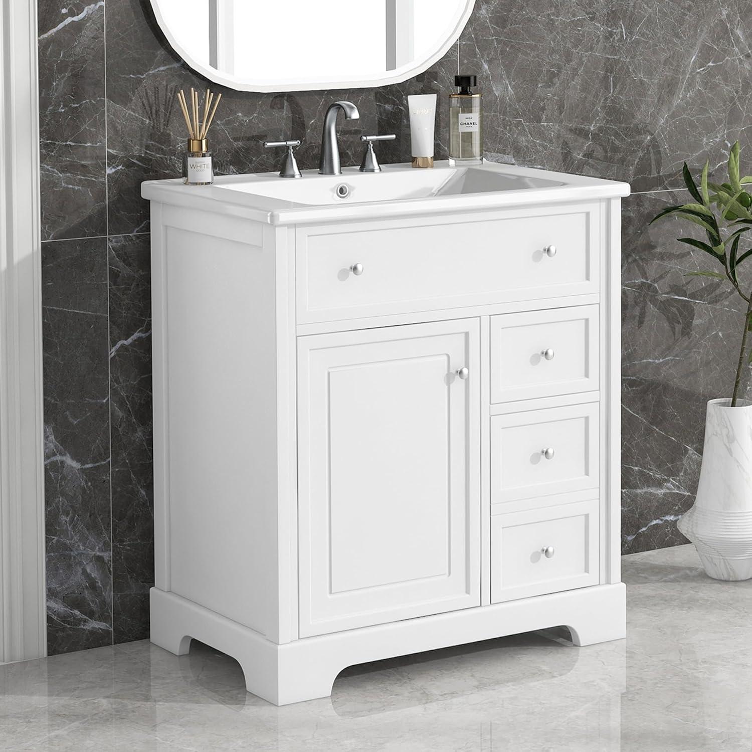 White 30" Solid Wood Bathroom Vanity with Ceramic Sink