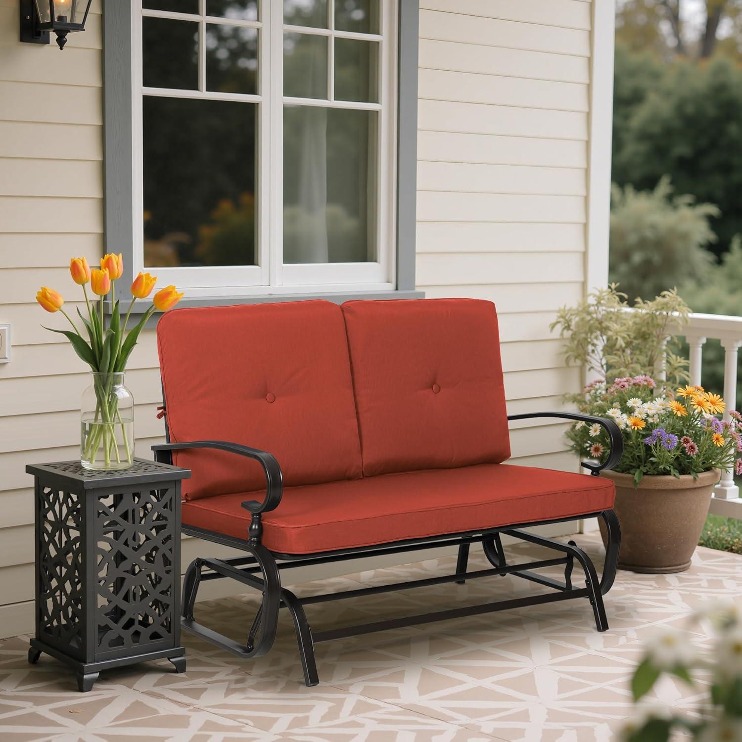 Outdoor Loveseat Patio Glider Rocking Bench 2 Seats Wrought Iron Chair Set with Red Cushion