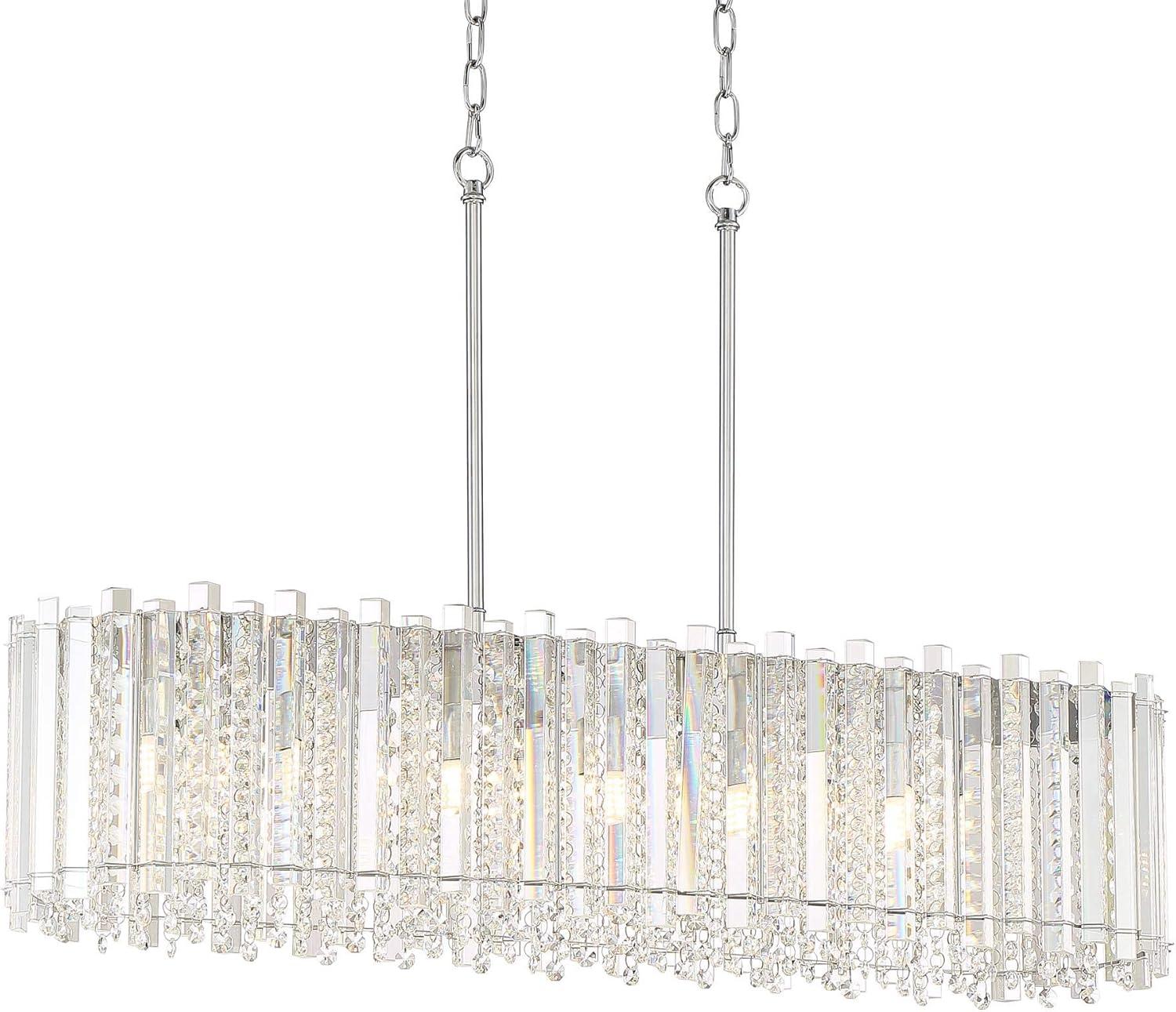 Possini Euro Design Mirabell Chrome Linear Island Pendant Chandelier 34" Wide Modern LED Clear Glass Crystal 6-Light Fixture for Dining Room Kitchen