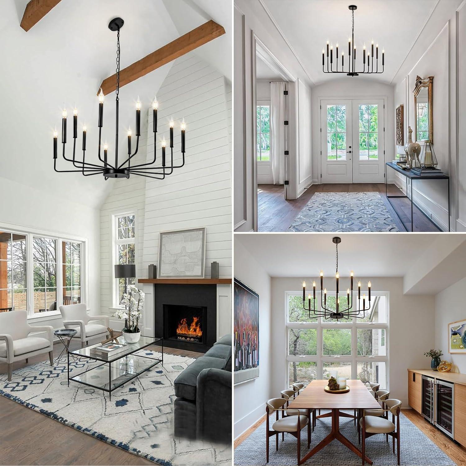 Black Chandelier, 12-Light Farmhouse Chandeliers for Dining Room, Classic Candle Ceiling Pendant Light Fixture for Living Room, Foyer, Kitchen Island, Bedroom, Entryway