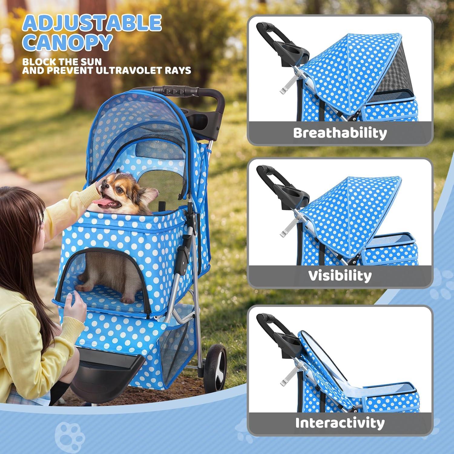 Magshion Foldable Pet Dog and Cat Stroller with Adjustable Canopy Storage Basket and Cup Holder for Small and Medium Pets