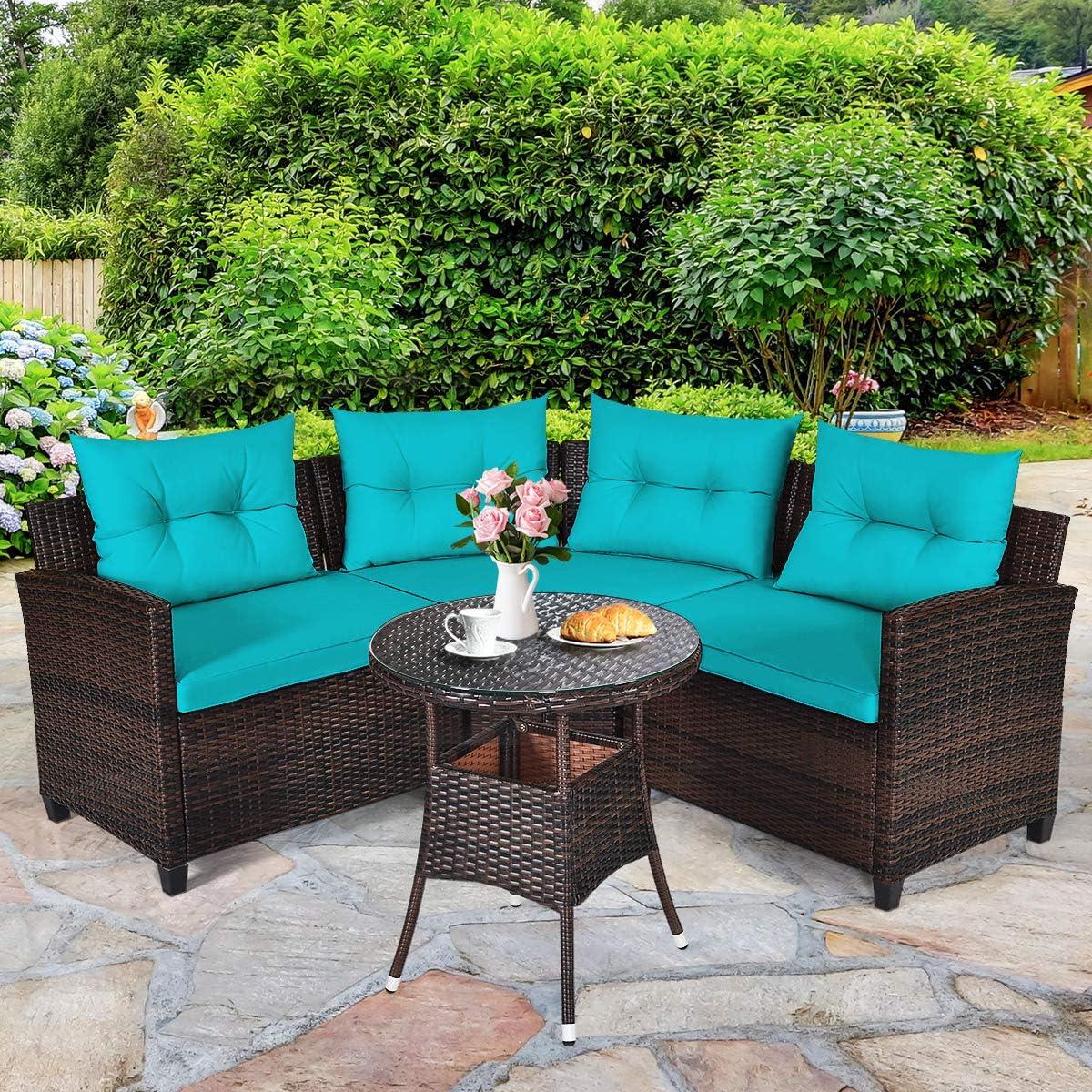 Costway 4PCS Outdoor Patio Rattan Furniture Set Cushioned Sofa Table Turquoise