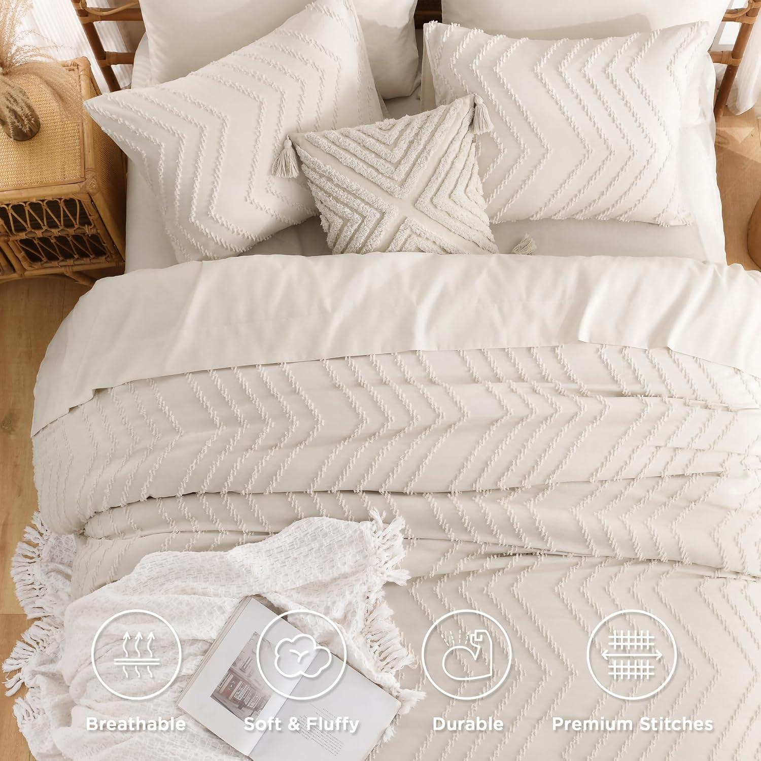 Beige Tufted Boho Queen Comforter Set with Pom Pom Accents