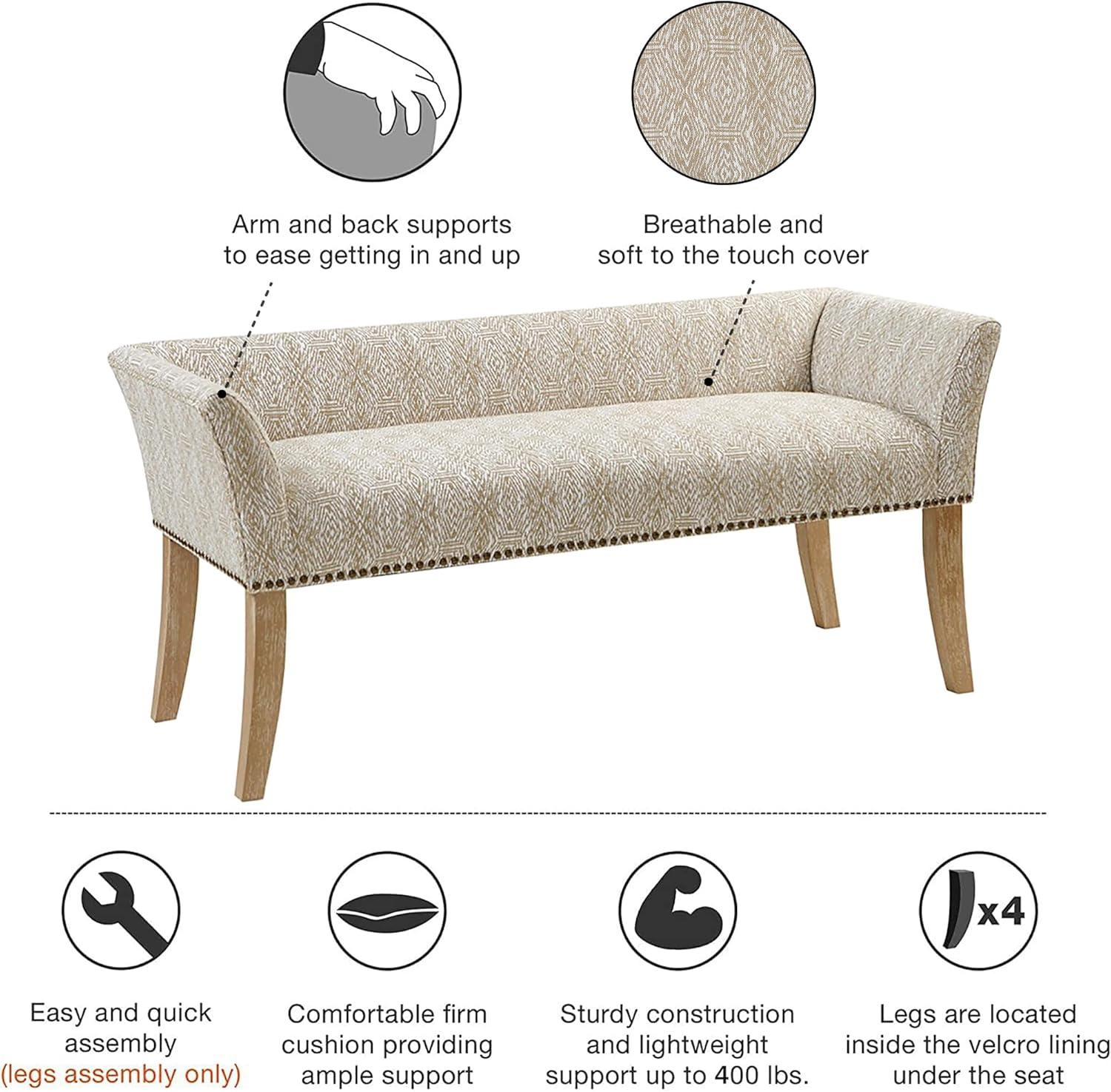 Madera Accent Bench Taupe: Madison Park, Rectangle, Nailhead Trim, Polyester Upholstery, Wood Legs