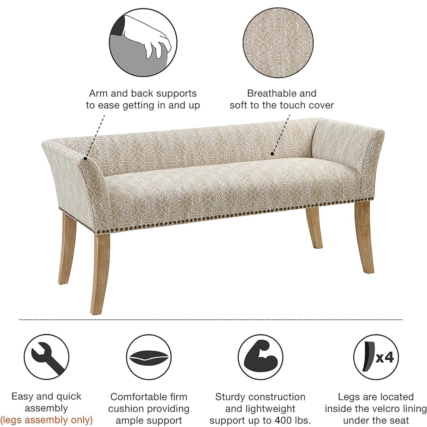 Madera Accent Bench Taupe: Madison Park, Rectangle, Nailhead Trim, Polyester Upholstery, Wood Legs