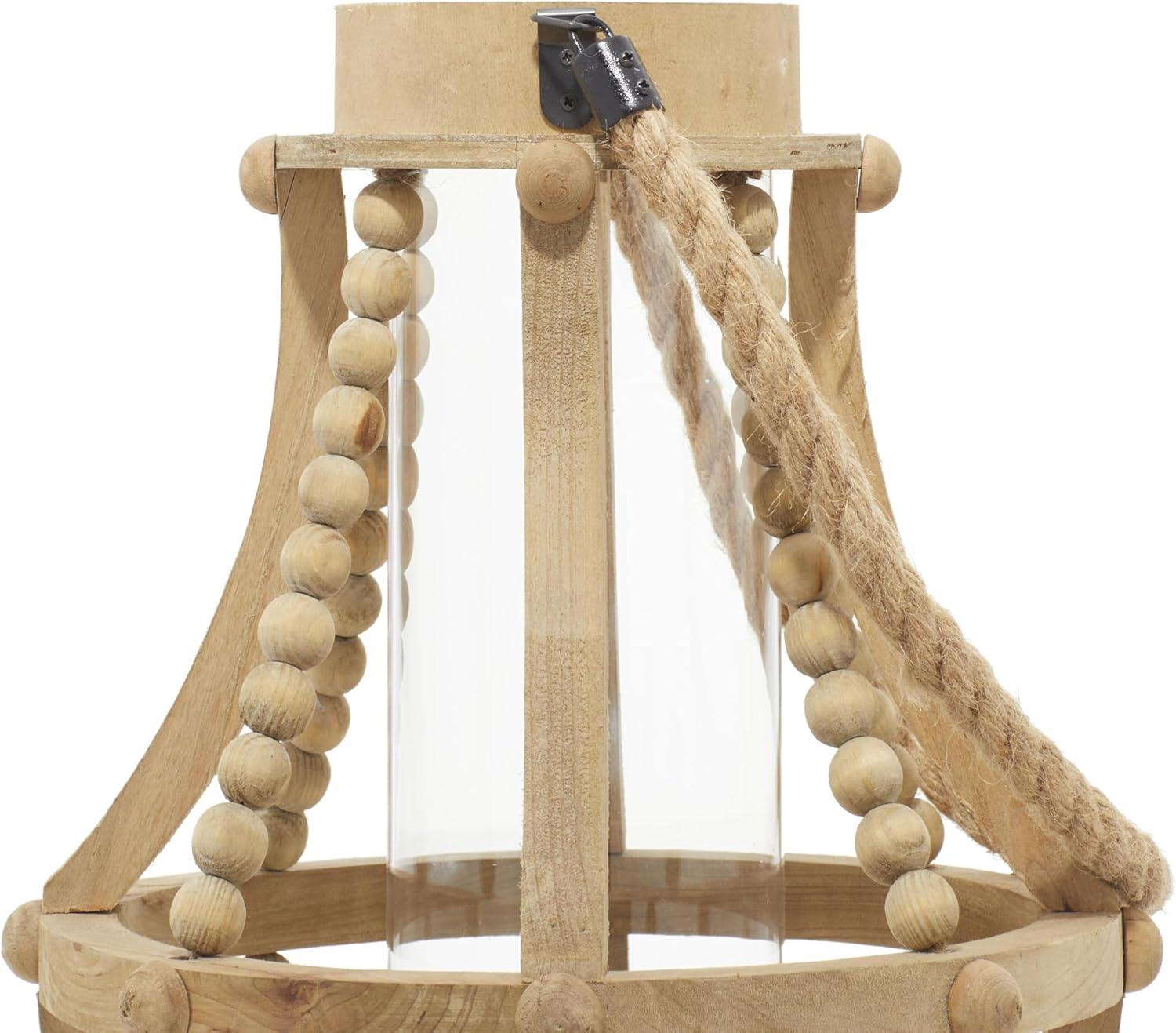 Olivia & May 16" x 10" Rustic Wood/Glass Candle Holder with Rope Handle Beige : Wooden Lantern, Tall Pillar Style