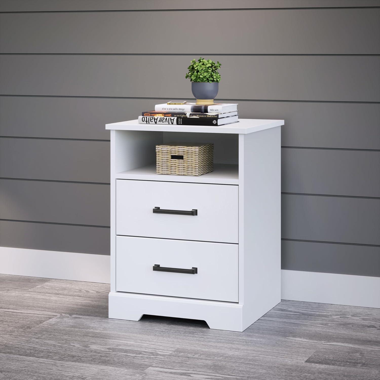 Prepac Rustic Ridge Farmhouse Nightstand with 2 Drawers and Open Shelf White