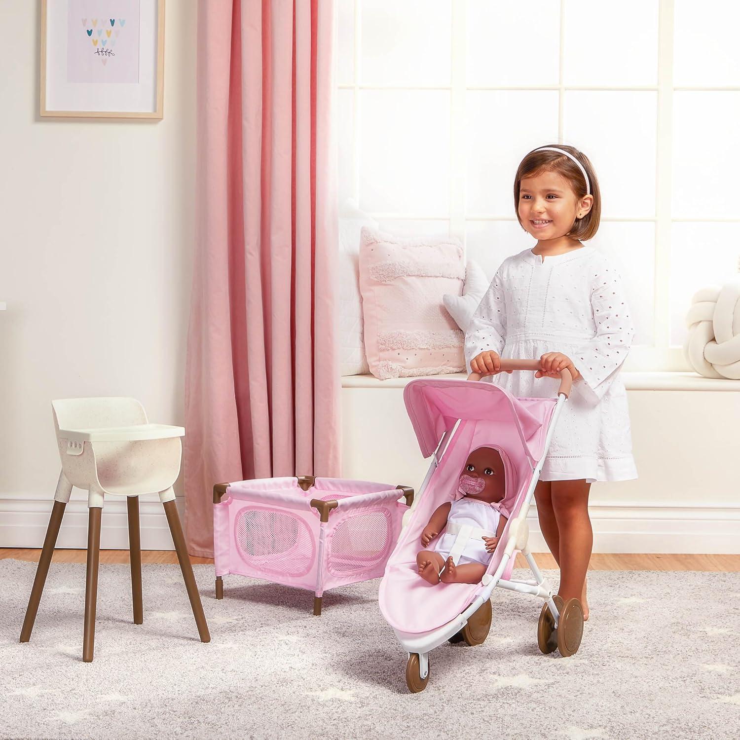 LullaBaby Pale Pink and Brown Doll Nursery Playset with High Chair, Playpen & Stroller