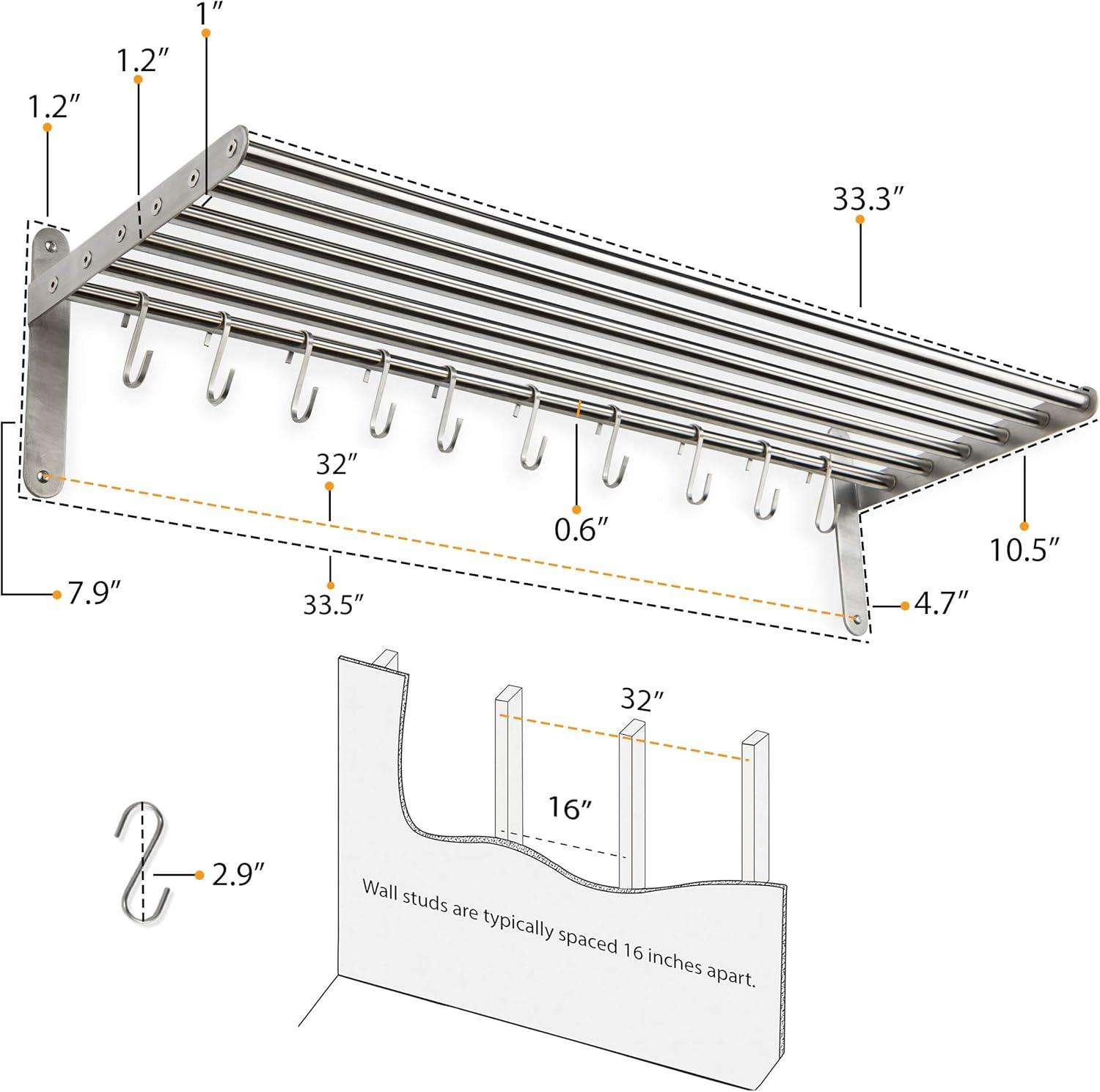 Lyon 33.5" Stainless Steel Wall Shelf with Hooks