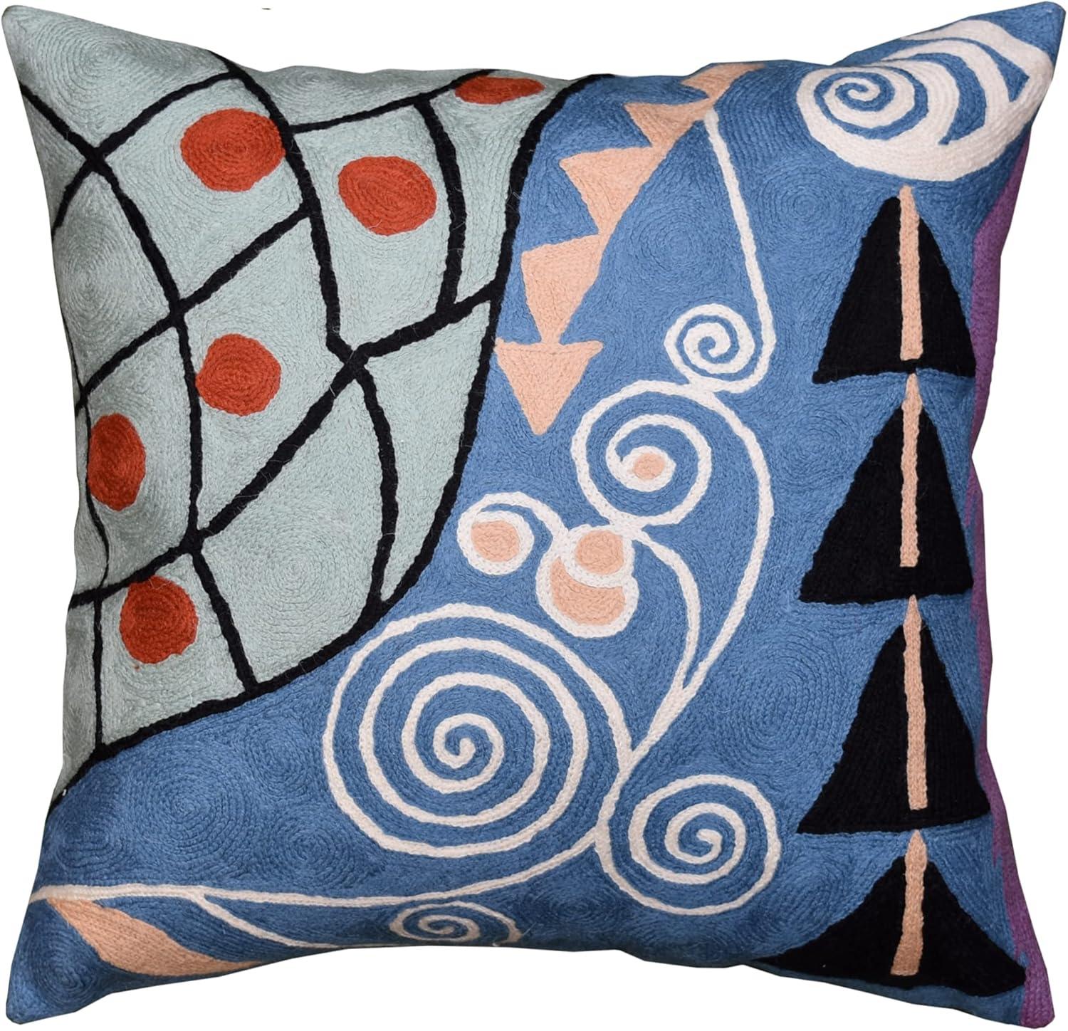 Blue and Black Embroidered Cotton Euro Throw Pillow