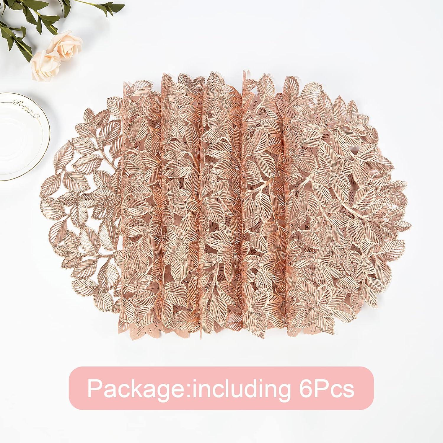 Rose Gold Placemats Set of 6 Metallic Leaf Round Placemats Non-Slip Wipeable Table Mats for Dinner,Party,Home Decoration Wedding Accent Centerpiece
