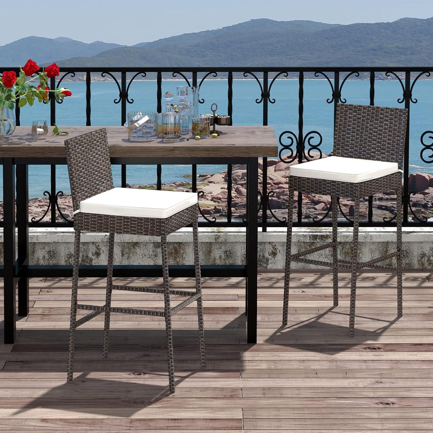 Kepooman Outdoor Bar Stool, 2 Pieces Patio Cushioned Wicker Barstools with Cozy Footrest-Set of 2