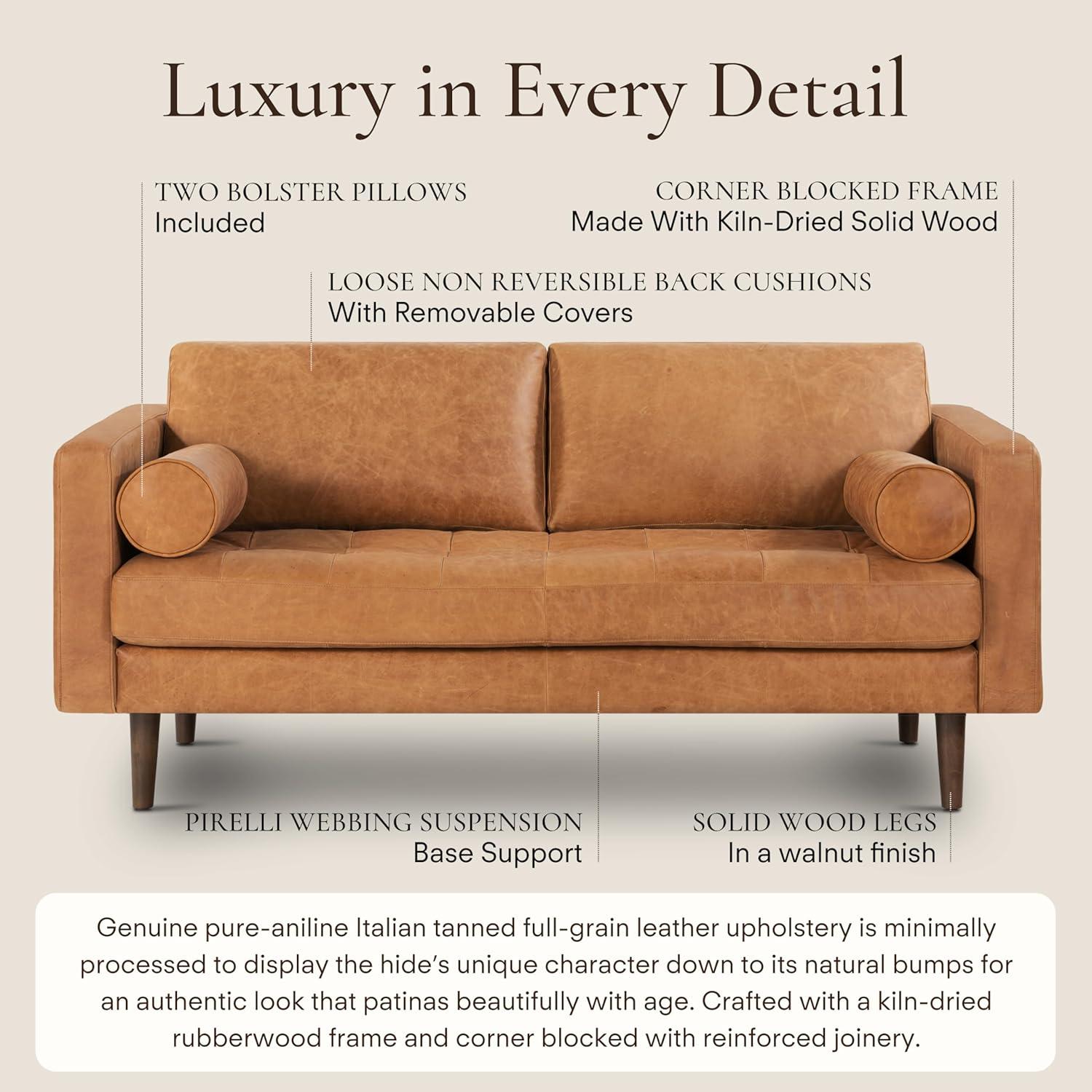 Napa 72'' Full-Grain Genuine Italian Leather Sofa