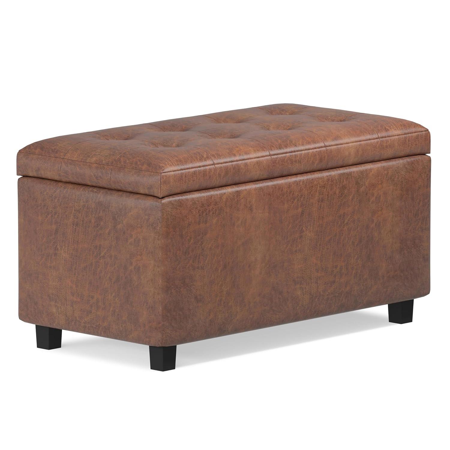 Simpli Home Cosmopolitan 34"W Upholstered Storage Ottoman with Tufted Design and Large Interior Storage