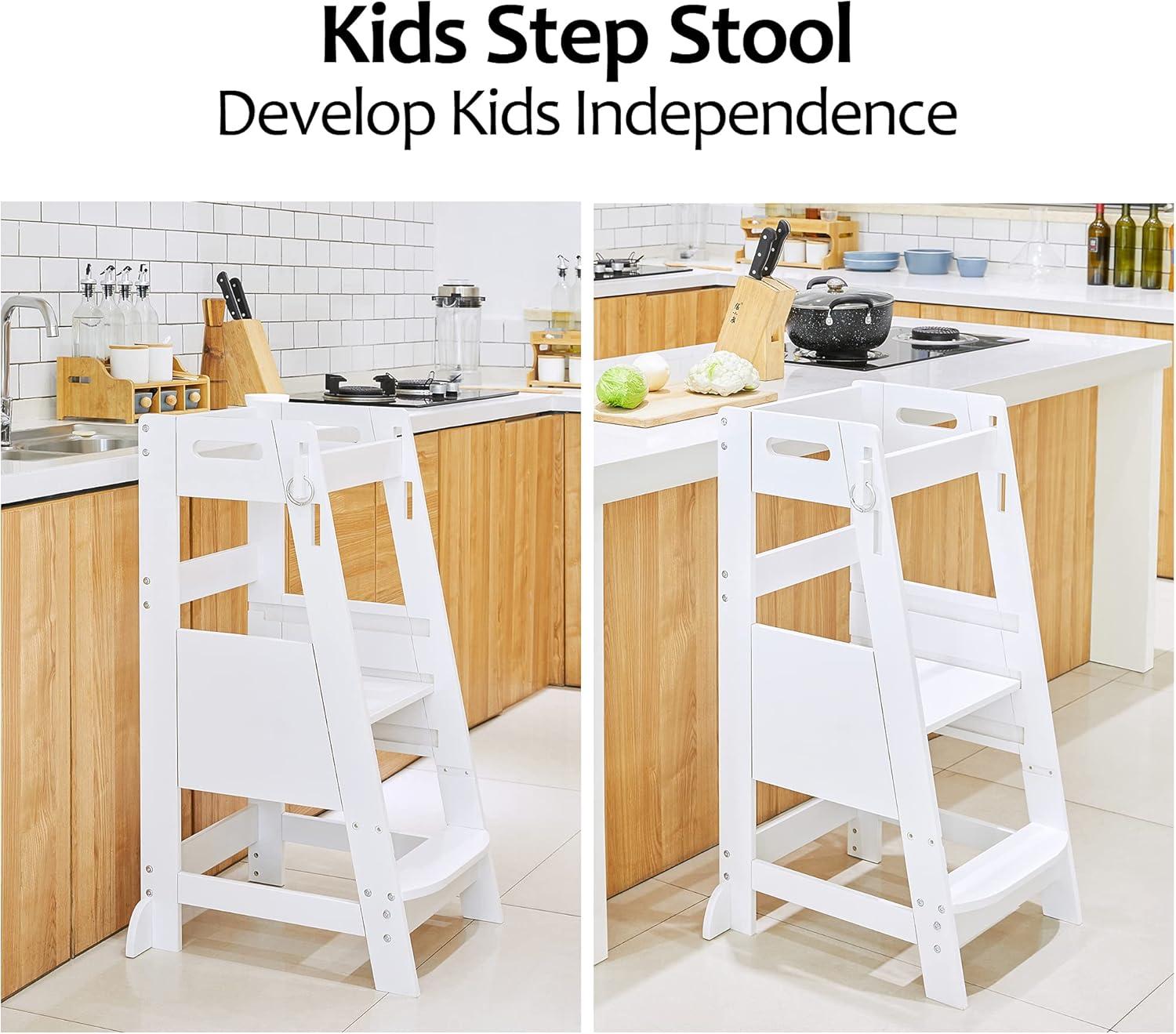 White Bamboo Adjustable 2-Step Toddler Kitchen Stool