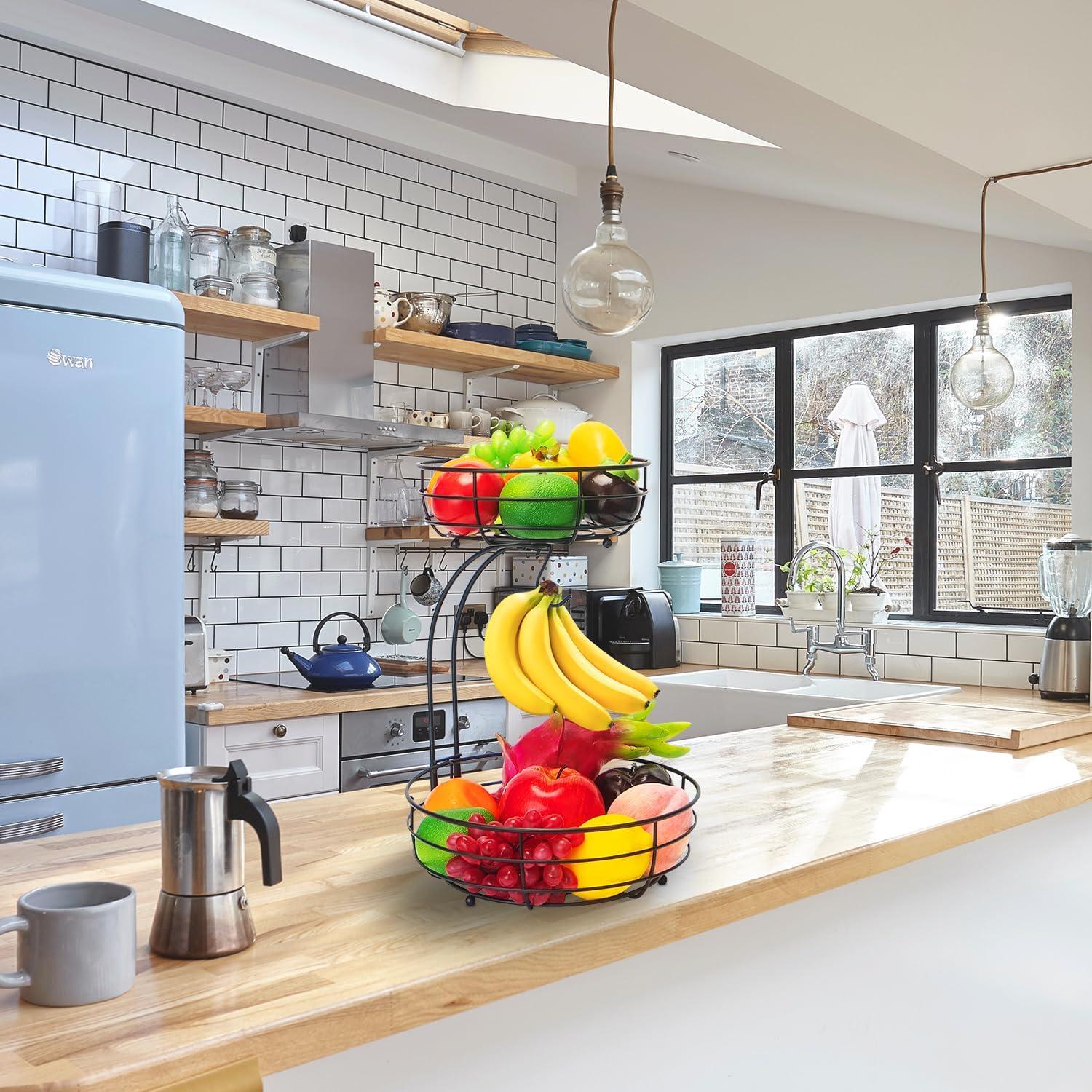 Bextsrack Fruit Basket for Kitchen Countertop, 2-Tier Vegetable Fruit Bowl with Banana Hanger, Black